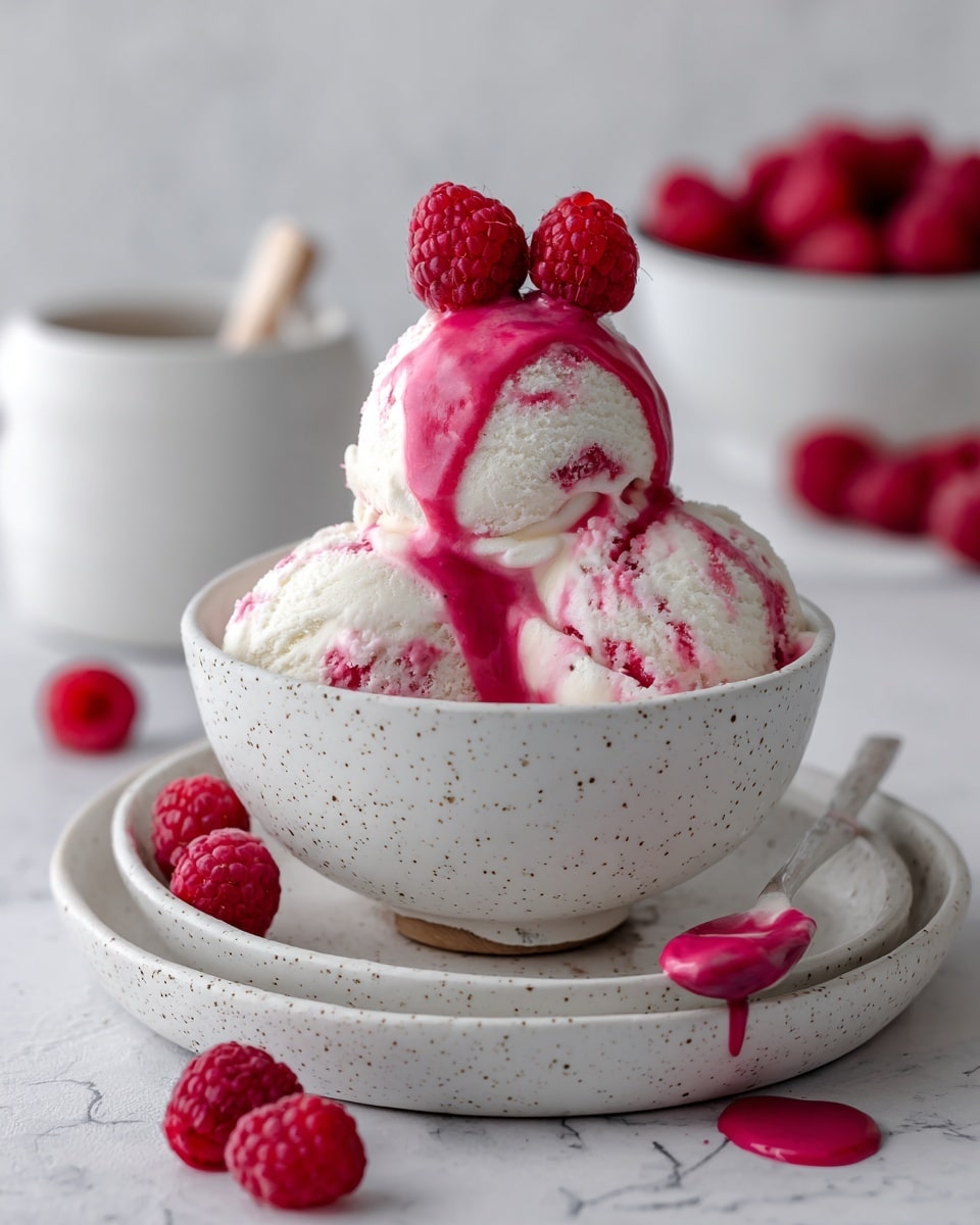The image shows a small white bowl with three scoops of creamy white ice cream that have light pink swirls throughout. Bright pink raspberry sauce is dripping over the top scoop and down the sides. Three fresh, red raspberries sit neatly on top of the ice cream, adding texture and color. The bowl is placed on a matching white saucer, both with a speckled texture. Around the bowl on a white marbled surface, some bright pink sauce is spread near a white spoon, and a few loose raspberries are scattered nearby. In the background, a white bowl filled with raspberries and a white dish with more pink sauce are slightly blurred. Photo taken with an iphone --ar 4:5 --v 7