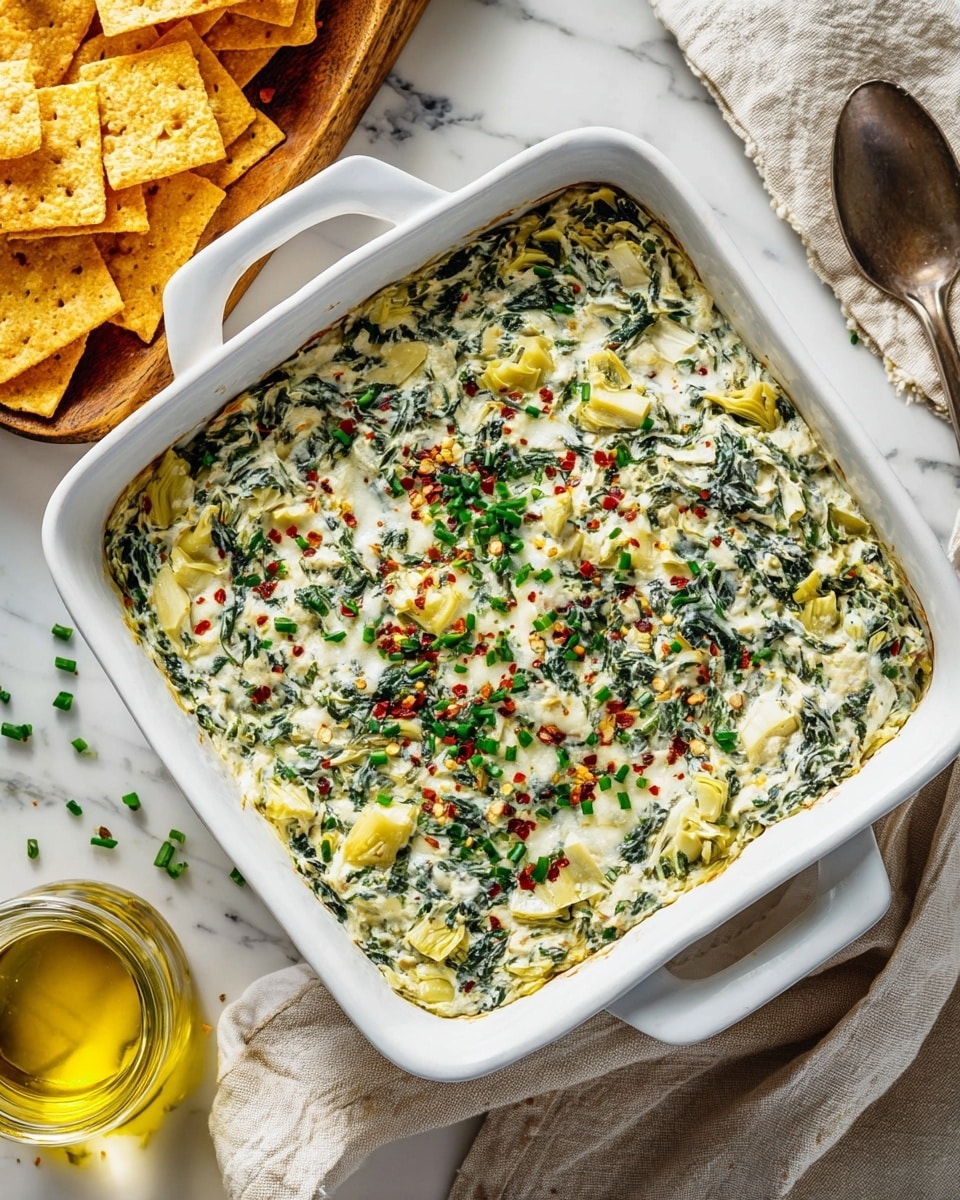 A white square baking dish filled with a creamy spinach and artichoke dip topped with finely chopped green chives and red pepper flakes, showing a mix of melted white cheese and green leafy spinach with yellow artichoke pieces spread evenly; the dish sits on a white marbled surface with a light-colored cloth underneath, a small glass jar of olive oil to the side, scattered chopped chives, and a wooden board with crispy flatbread crackers in the top left corner; a silver spoon is partially visible on the right side. photo taken with an iphone --ar 4:5 --v 7