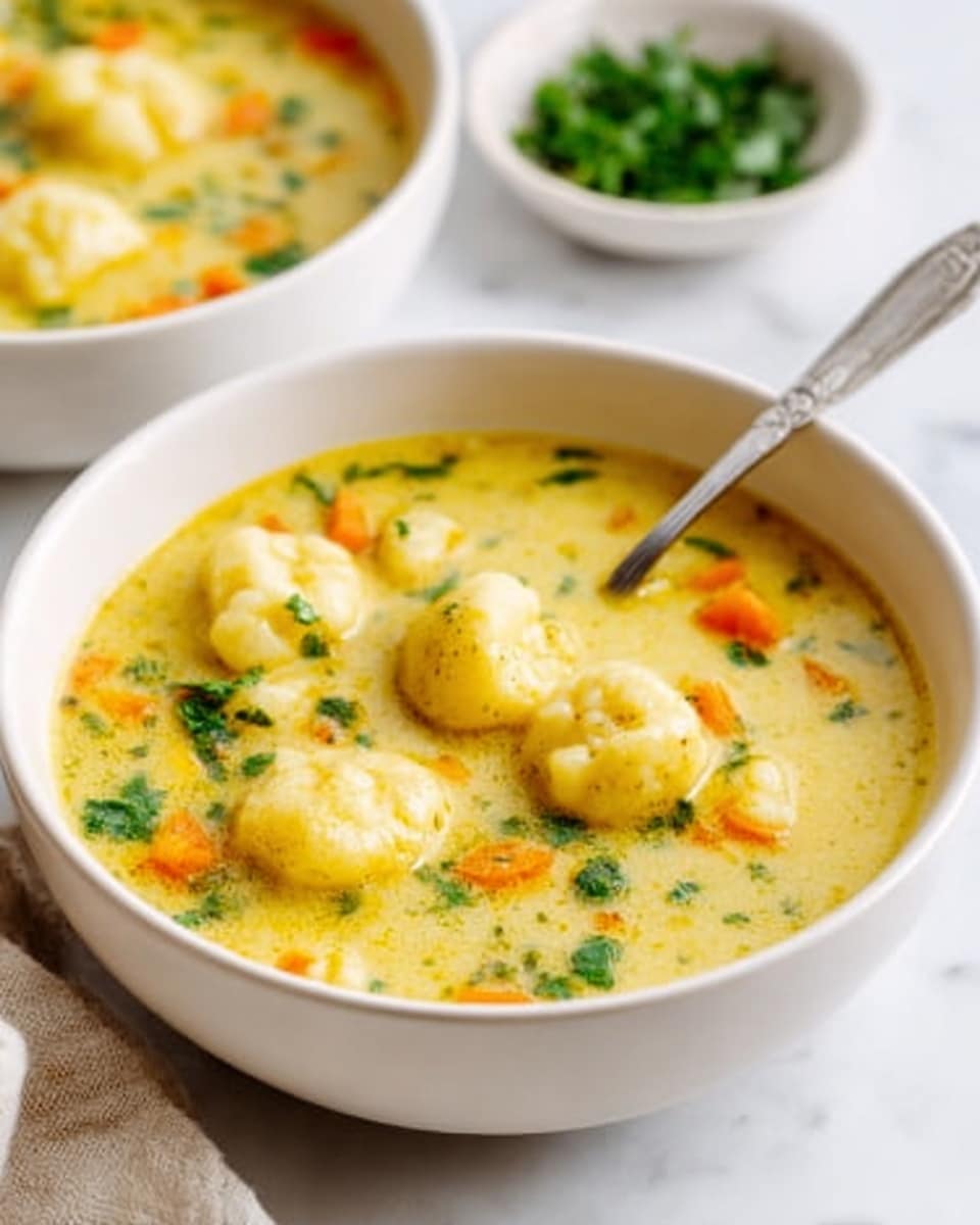 A white bowl filled with a yellow creamy soup that has soft, small dumplings floating on the surface. The soup also contains small pieces of orange carrot and green herbs scattered throughout, adding color. There is a silver spoon resting inside the bowl. Behind the bowl, there is a blurred white bowl with more soup and a small white bowl with green herbs, all placed on a white marbled surface. Photo taken with an iphone --ar 4:5 --v 7