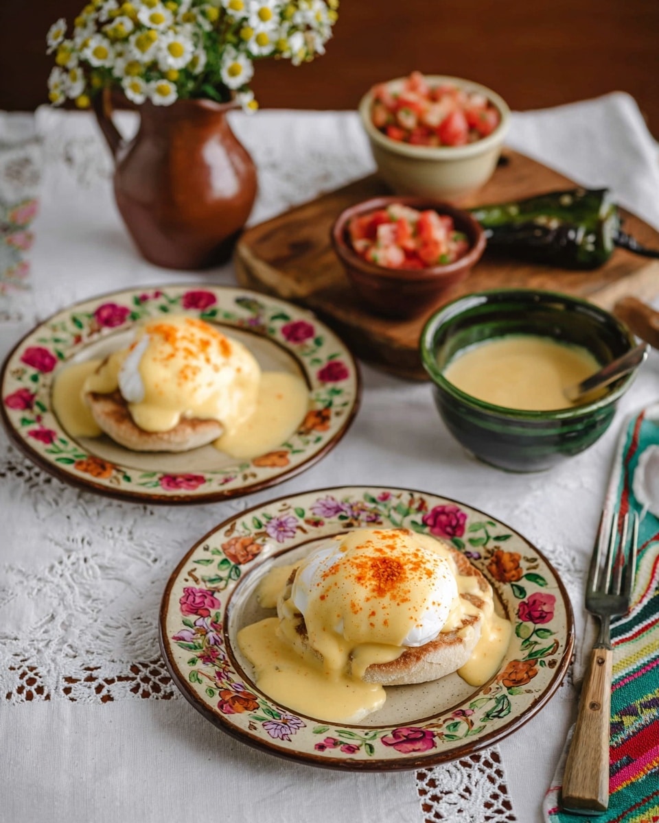 The image shows two servings of eggs benedict on decorated plates with floral patterns. Each serving has a bottom layer of a toasted round base, topped by a bright white poached egg, covered with smooth, light yellow hollandaise sauce sprinkled with orange-red paprika. The plates are on white cloths with lace and floral embroidery. In the background, there is a wooden board holding a charred green pepper, a small beige bowl of diced red tomato salsa, and a small dark green bowl with creamy yellow sauce. A brown vase with small white and yellow flowers is also placed in the upper left corner. The photo is taken with an iphone --ar 4:5 --v 7