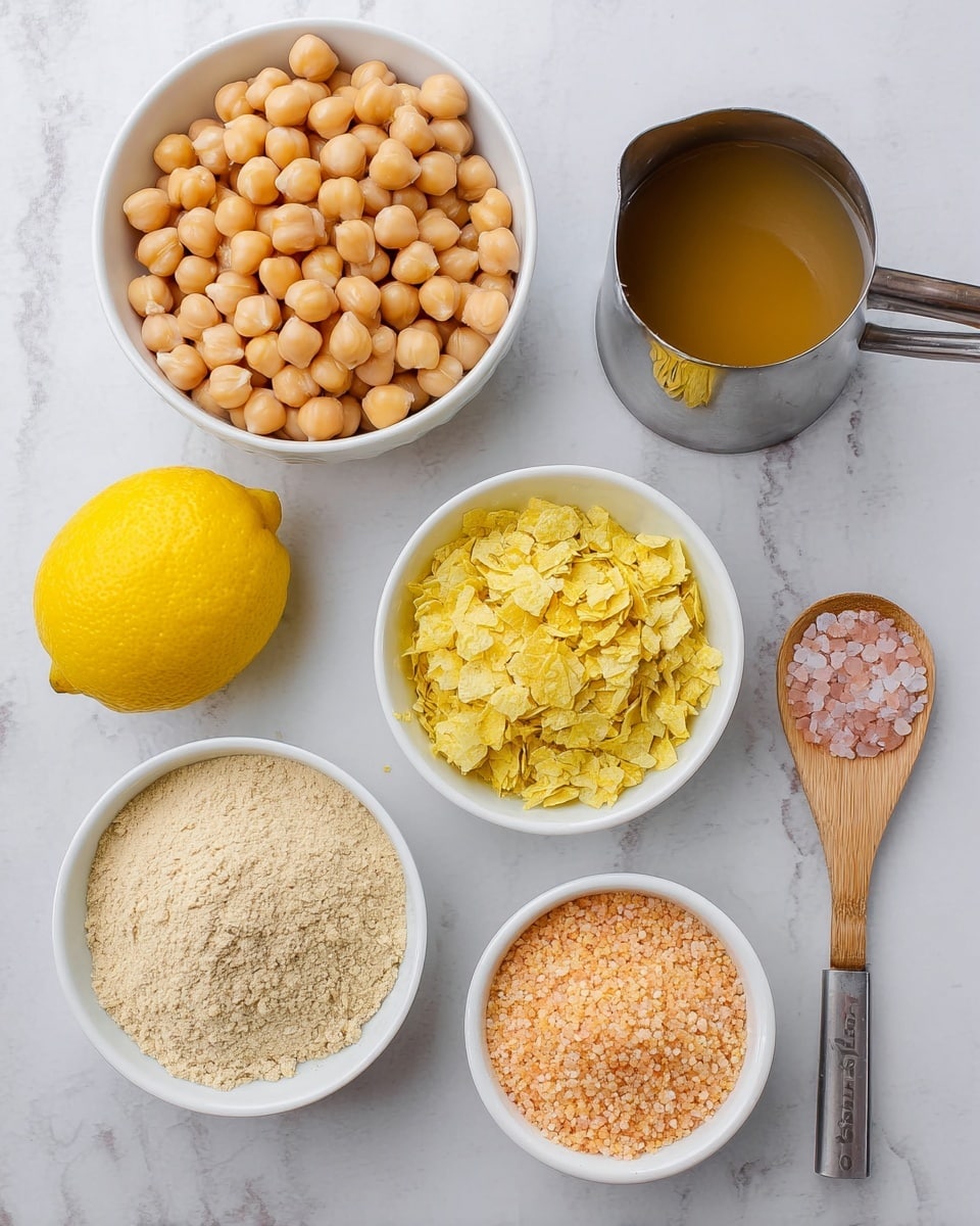 The image shows six ingredients arranged neatly on a white marbled surface. In the top center is a white bowl filled with round, light brown chickpeas. To its left is a half lemon with bright yellow skin and juicy, textured interior. Below the lemon is another white bowl, filled with yellow nutritional flakes that have a slightly rough texture. To the right of these flakes is a white bowl filled with beige powder that looks soft and crumbly. Below them is a smaller white bowl with light orange granules that appear fine and grainy. To the right of this bowl is a silver measuring cup holding light brown liquid. At the bottom is a wooden spoon with pink coarse salt piled on it. The photo taken with an iphone --ar 4:5 --v 7