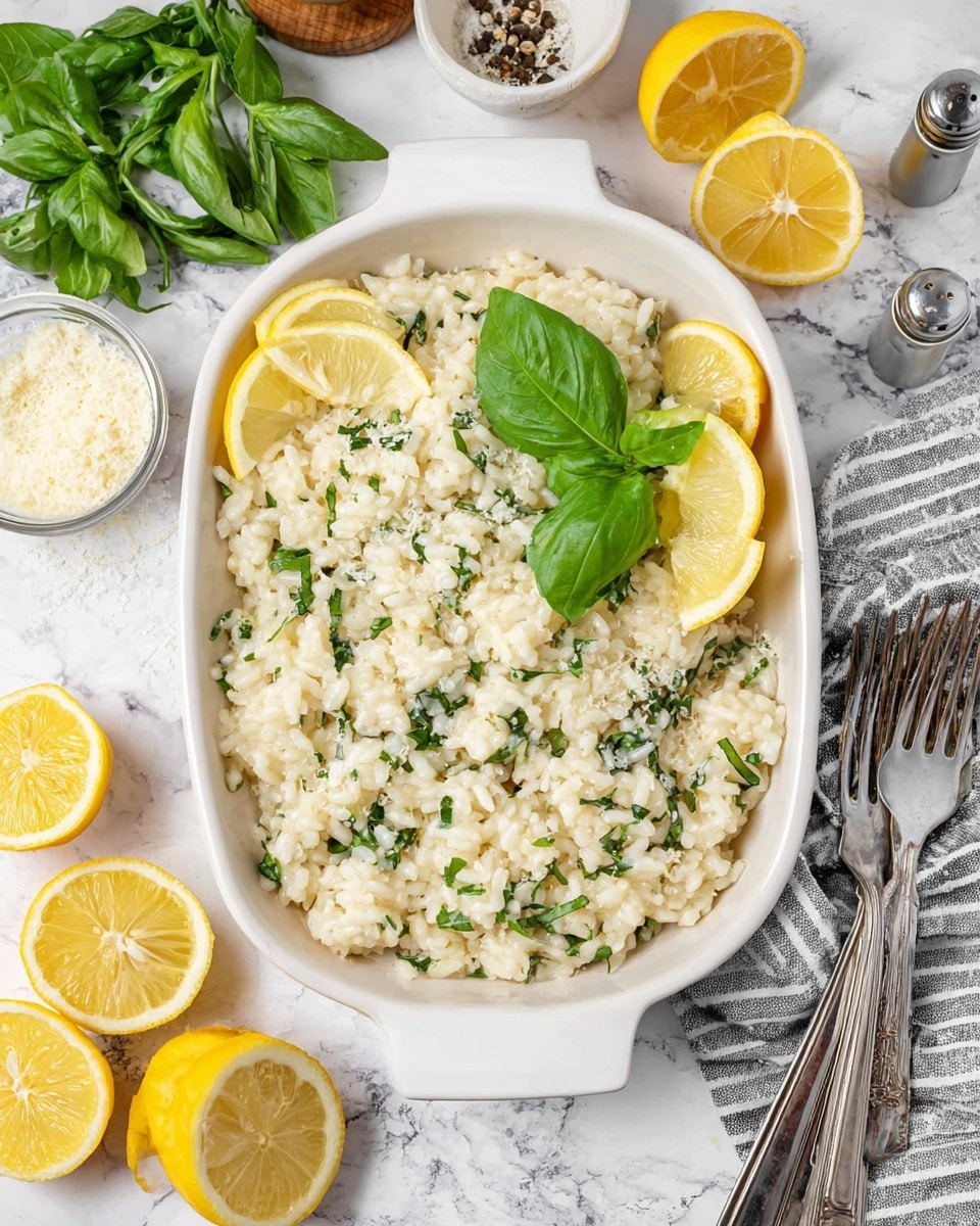 A white ceramic dish filled with creamy risotto mixed with finely chopped green herbs showing through the soft, pale grains. On top, there are two bright green large basil leaves and two thin lemon slices, adding a fresh pop of color. The dish sits on a white marbled surface surrounded by halved and sliced lemons, fresh green basil leaves, parsley, a small bowl of grated cheese, a garlic bulb, salt and pepper shakers, and a folded striped cloth with forks resting on it. The scene is bright and clean, highlighting the creamy texture and light colors of the risotto. photo taken with an iphone --ar 4:5 --v 7