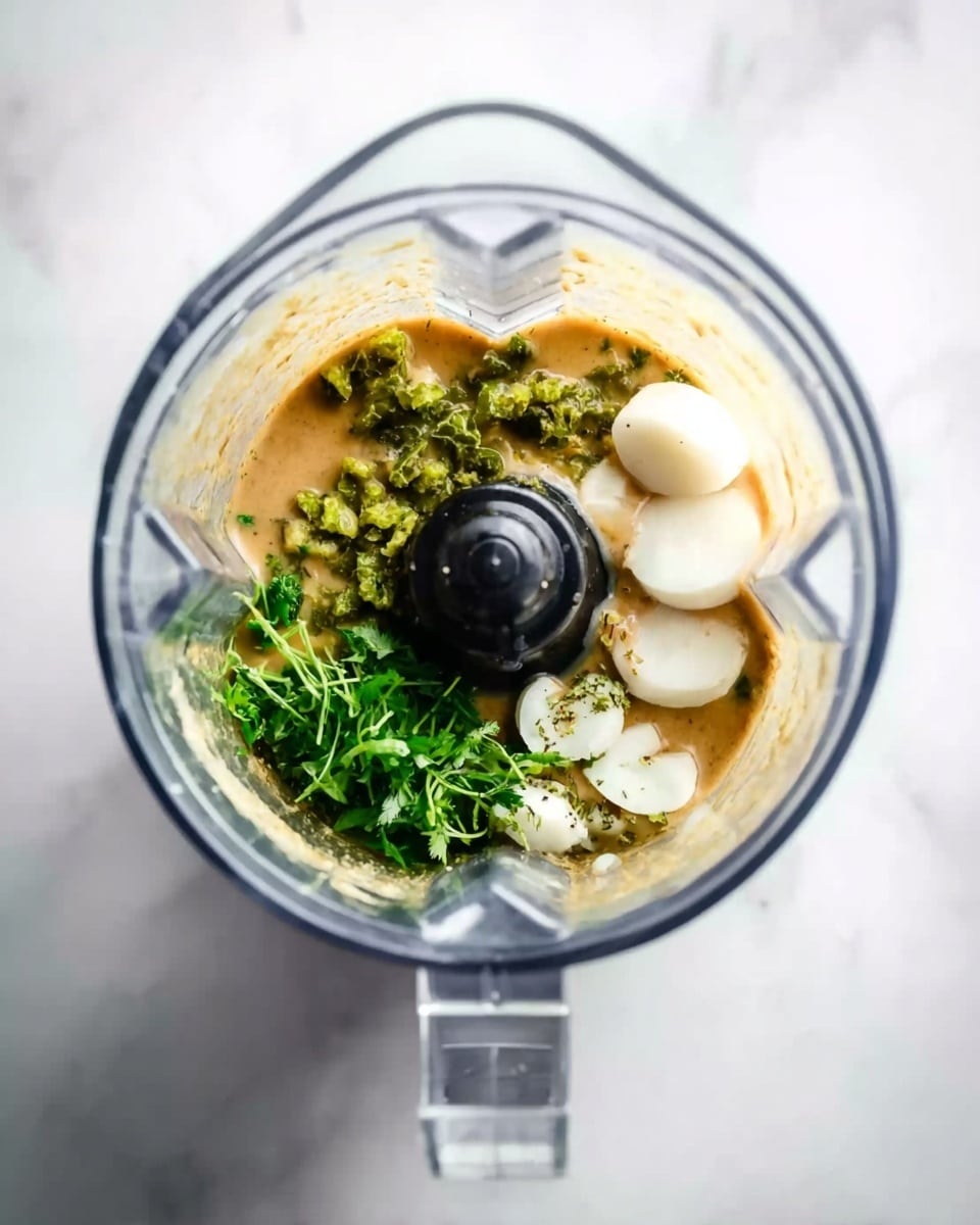 A view from above into a clear blender bowl on a white marbled surface shows several ingredients layered inside. At the bottom, there is a thick, light brown liquid mixed with small green chunks scattered around. On top, three round white slices are placed on the right side, near a small pile of fresh, bright green herbs. The blender’s central black blade holder stands in the middle, surrounded by the ingredients. Photo taken with an iphone --ar 4:5 --v 7