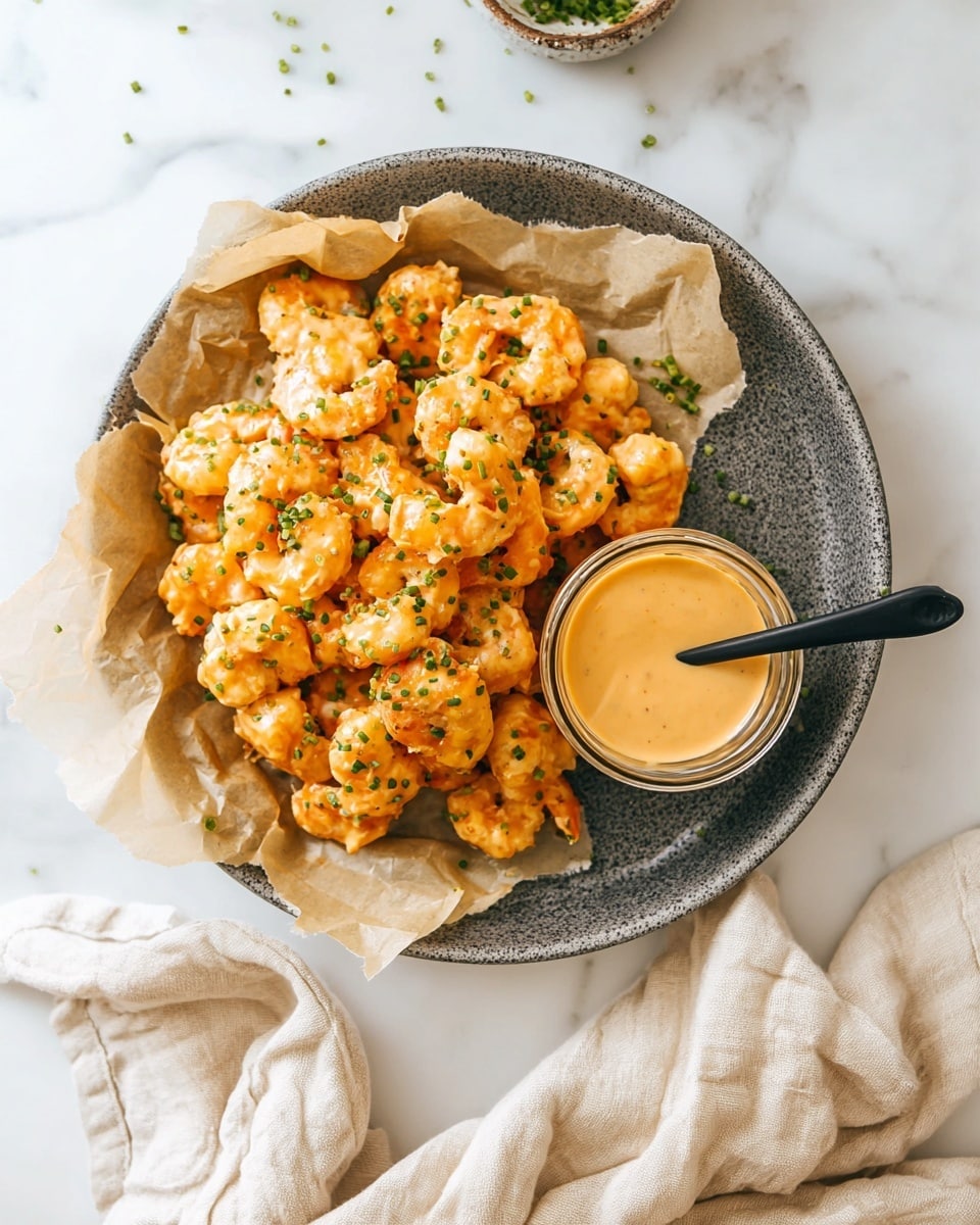 A round gray patterned plate lined with light brown parchment paper holds a pile of golden-orange shrimp coated in a creamy sauce, sprinkled with small green chive pieces. To the right side of the plate, a round jar filled with the same orange creamy sauce has a black spoon inside. The plate is placed on a white marbled surface with soft beige fabric partially around the lower right corner. photo taken with an iphone --ar 4:5 --v 7