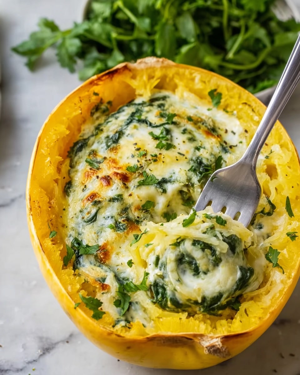 The image shows a hollowed-out spaghetti squash half filled with a creamy spinach and cheese mixture, slightly browned on top. The squash skin is bright yellow and smooth, forming a natural bowl holding the soft, creamy filling with green spinach leaves visibly mixed in and a few specks of herbs scattered on top. A silver fork is resting on the right side of the filling, partially inside it. The squash is placed on a white marbled surface with fresh green herbs blurred in the background. Photo taken with an iphone --ar 4:5 --v 7