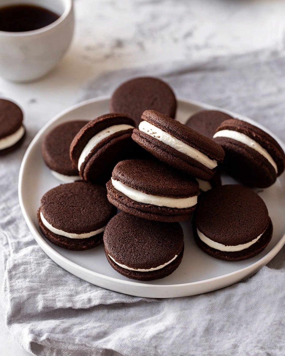 A round white plate filled with several dark brown sandwich cookies arranged casually. Each cookie has two smooth, slightly textured darker brown layers with a thick, creamy off-white filling in the middle, making two layers of cookie and one layer of cream. The cookies are set on a light grey cloth, which lies on a white marbled surface. In the blurred background, there is a white cup with dark brown coffee or hot chocolate. Photo taken with an iphone --ar 4:5 --v 7