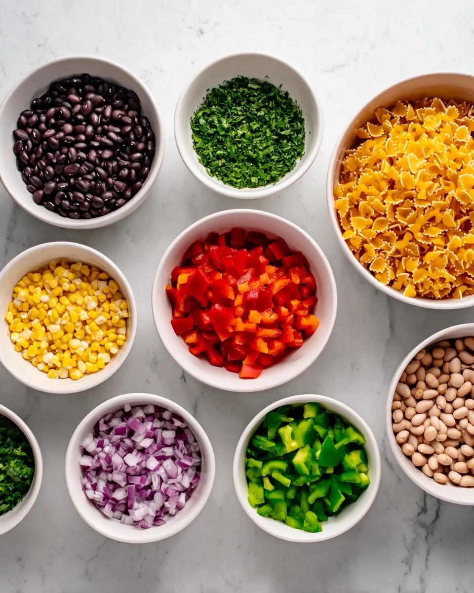 The image shows eight white bowls arranged on a white marbled surface, each filled with different chopped or whole ingredients. Starting from the top left, a bowl has whole black beans with a smooth texture. Next to it, on the right, is a bowl filled with finely chopped green herbs. On the far right, a large bowl holds uncooked small orange pasta shapes with a soft matte finish. In the center-left is a bowl containing bright red chopped bell peppers with a shiny texture. Below it, a smaller bowl filled with finely chopped purple onions. On the bottom left, a bowl contains roasted yellow corn kernels with a slightly rough texture. Near the center-bottom, a bowl holds fresh green chopped bell peppers with a shiny surface. On the bottom right, a bowl is filled with whole pale brown beans with a smooth texture. All bowls are clean and placed neatly, showing a variety of colors and textures clearly. photo taken with an iphone --ar 4:5 --v 7