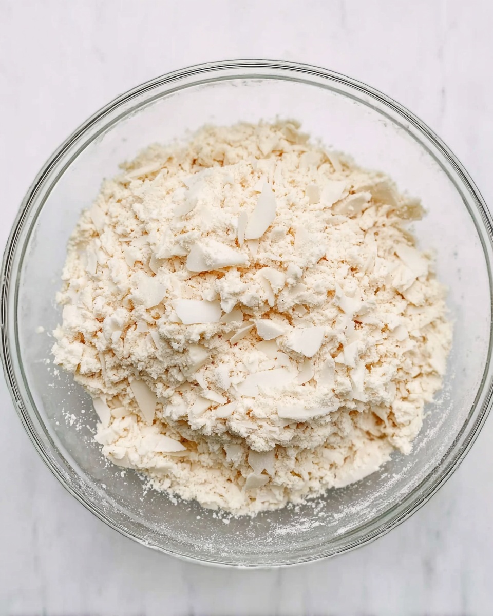 A clear glass bowl filled with a single layer of a crumbly white mixture that looks soft and slightly fluffy in texture, with small pieces scattered evenly across the surface. The mixture has a consistent light beige to white tone and appears dry but soft. The bowl is placed on a white marbled surface. photo taken with an iphone --ar 4:5 --v 7