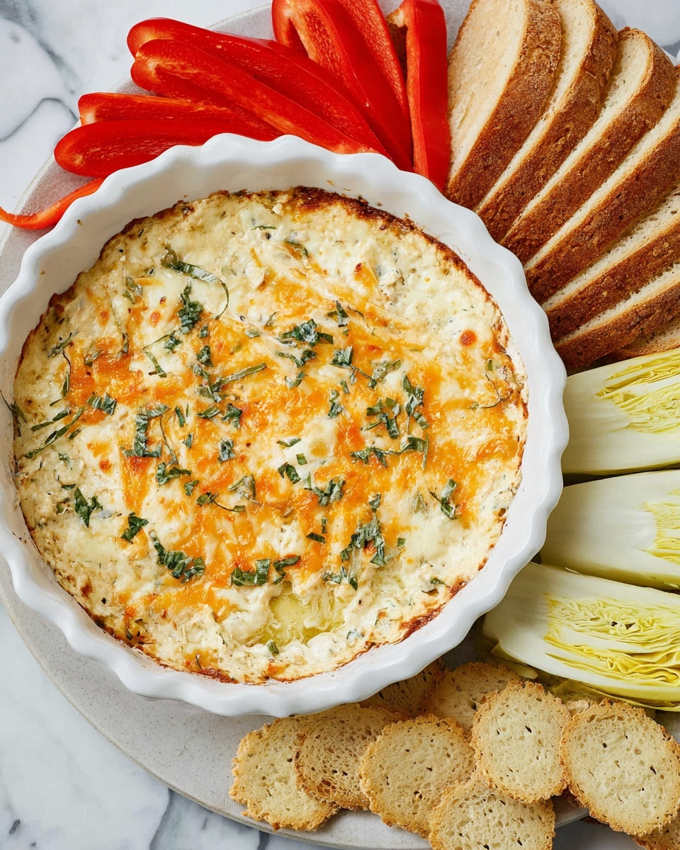 A white scalloped dish holds a cheesy dip with a creamy white base, topped with melted orange cheese strands and sprinkled green herbs. On the top left, there are bright red sliced peppers closely placed. To the right, there are several light brown toasted bread slices stacked in neat rows. On the far right, three pale yellow endive leaves curve slightly upward. At the bottom right, there is a small pile of pale yellow, rough-textured crackers. All items sit on a white marbled surface. photo taken with an iphone --ar 4:5 --v 7