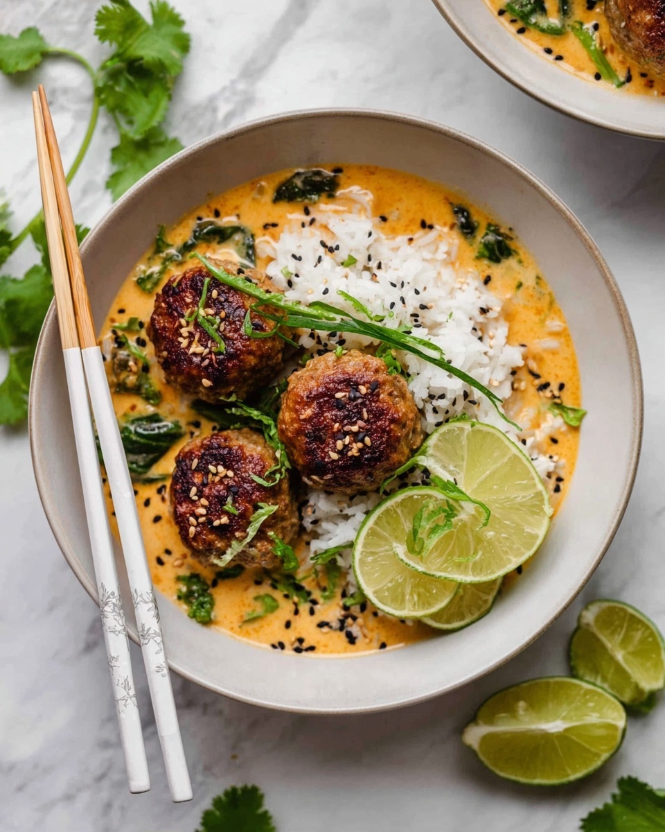 A white bowl contains three browned meatballs placed on a bed of white rice. The meatballs and rice sit in a smooth, creamy orange sauce with visible green leaves scattered throughout. Black sesame seeds and chopped green herbs are sprinkled over the dish. Two lime wedges rest on the rice, and a pair of white and wooden chopsticks are laid on the edge of the bowl. The bowl is on a white marbled surface with some lime pieces and fresh green herbs around it. Photo taken with an iphone --ar 4:5 --v 7