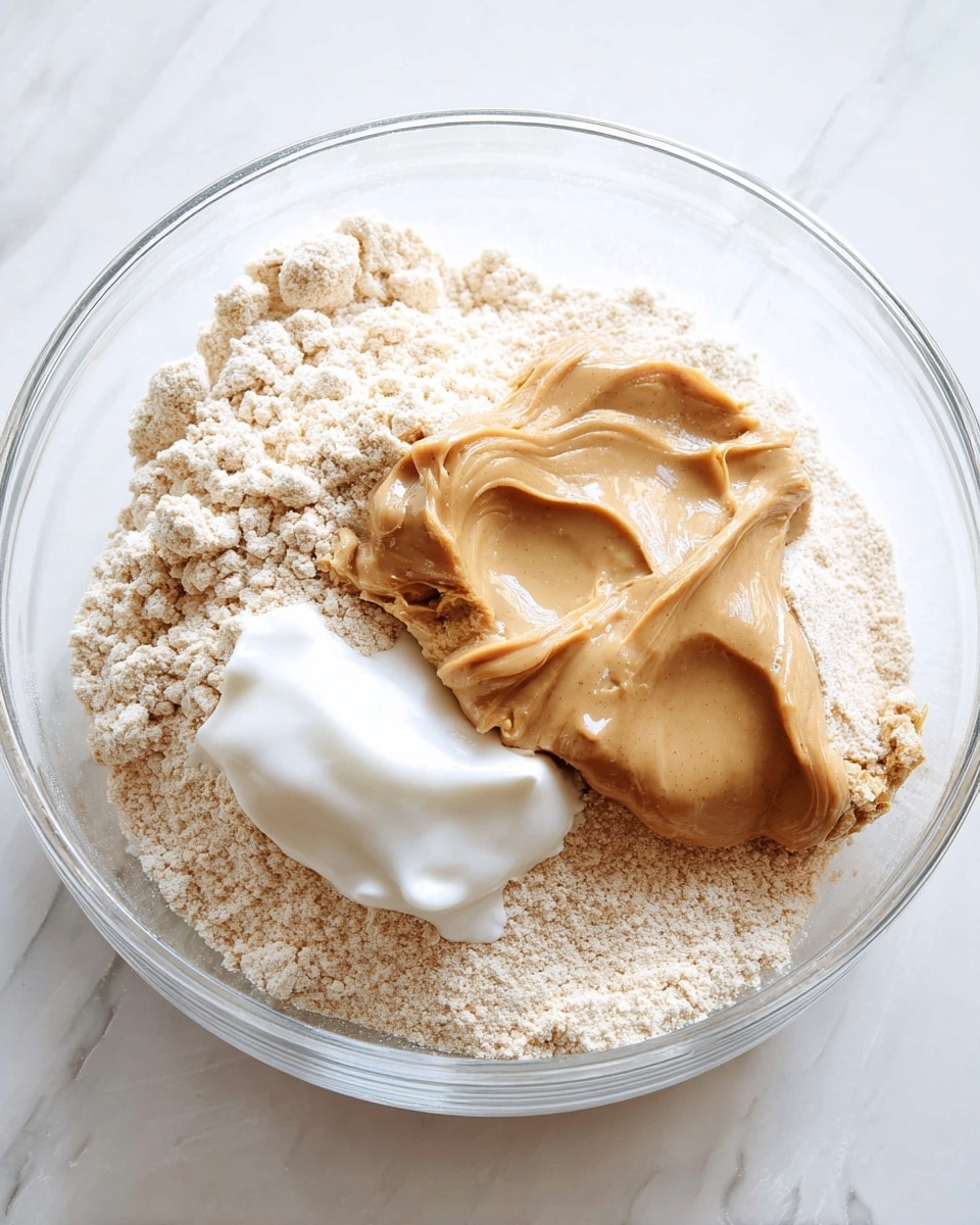 A clear glass bowl sits on a white marbled surface, filled with a light beige powdery layer of dry ingredients forming the base. On top and slightly to the side of this powder, there is a smooth, shiny layer of light brown peanut butter with soft texture and slight curves. Next to the peanut butter is a dollop of thick, creamy white yogurt. The ingredients are separate but close within the bowl, showing clear textures and natural colors. photo taken with an iphone --ar 4:5 --v 7