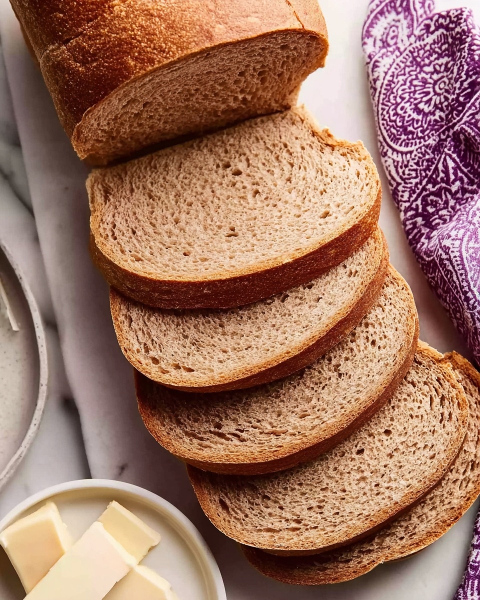 A close-up image of a loaf of sliced brown bread arranged on a white marbled surface. There are six visible slices, each showing a soft, even texture with small air holes inside. The bread's crust is medium brown and slightly darker around the edges, while the inside is a lighter brown with a fine crumb. Next to the bread is a small white plate holding a couple of pieces of pale yellow butter. To the right of the bread, there is a folded purple and white patterned cloth. The photo is taken with an iphone --ar 4:5 --v 7
