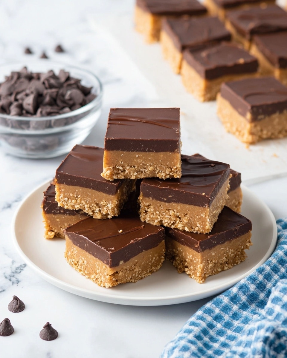 The image shows nine square dessert bars stacked on a white plate, each bar having two clear layers: the bottom is a thick, crumbly light brown layer with a rough texture, and the top is a smooth, dark chocolate layer with subtle waves and shine. In the background, more bars are on a sheet of parchment paper, and there is a glass bowl filled with dark chocolate chips. The surface beneath the plate is a white marbled texture, scattered with a few chocolate chips and a blue and white checkered cloth folded to the side. Photo taken with an iphone --ar 4:5 --v 7