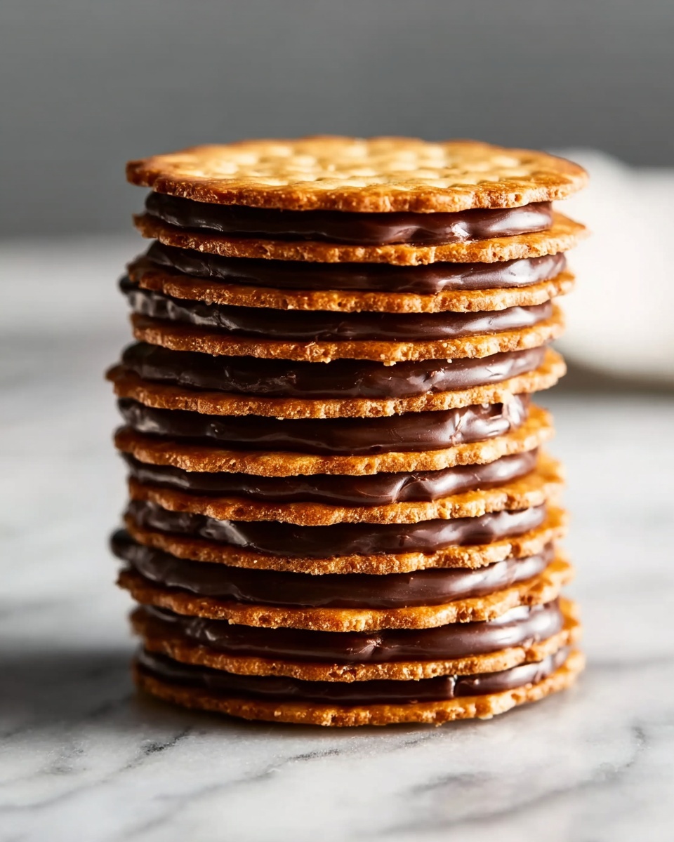 A tall stack of round crackers layered with smooth chocolate filling between each one stands on a white marbled surface. The crackers are golden brown, crisp, and have small holes, while the chocolate layers are dark brown and glossy, peeking out evenly from the edges. The stack has about ten layers of crackers and chocolate, showing a neat and even formation. The background is soft and blurred, focusing attention on the crunchy, chocolatey stack. photo taken with an iphone --ar 4:5 --v 7
