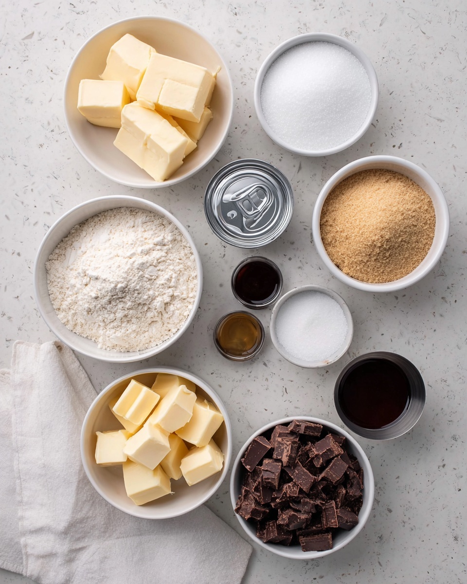 The image shows several small white bowls and metal cups arranged neatly on a white marbled surface, each filled with different baking ingredients. Starting from the top left, there is a white bowl with two blocks of pale yellow butter, next to it is another white bowl filled with white granulated sugar. Below the sugar is a bowl with light tan flour, and beside flour is a small metal cup containing white salt. Toward the left middle, there is a silver can with a pull tab, and below it, a white bowl with medium-sized cubes of yellow butter. To the right of that is another white bowl filled with light brown sugar, and near the bottom center is a bowl full of dark brown chopped chocolate pieces. Alongside these are small metal cups holding dark brown liquid, white creamy substance, and coarse salt. A soft white cloth is placed in the lower left corner on the marble surface. photo taken with an iphone --ar 4:5 --v 7