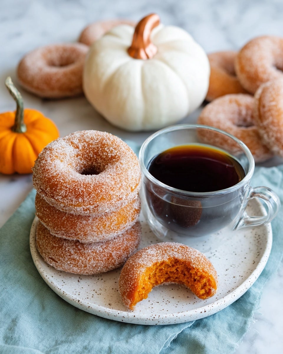 The image shows a white speckled plate with three sugar-coated donuts placed on top, arranged in a slight overlapping manner. To the right of the donuts, there is a broken donut with its bright orange inside visible. In the center of the plate, there is a clear glass cup filled with dark coffee. The plate rests on a light blue cloth napkin, all set on a white marbled surface. In the background, a pile of similar sugar-coated donuts and two small pumpkins, one white with a copper stem and one orange, are visible, adding a cozy and autumn feel to the scene. Photo taken with an iphone --ar 4:5 --v 7