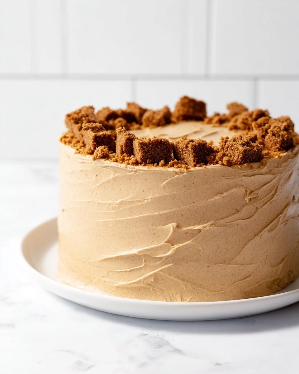 A round, layered cake covered fully in smooth, light brown frosting with visible swirled and textured strokes all around. The top of the cake is decorated with unevenly placed chunks of darker brown crumble, adding a rough texture contrast to the smooth frosting. The cake sits on a plain white plate, positioned on a white marbled surface, with a clean white tiled background behind it. The overall look is simple and inviting, with a focus on the cake's creamy texture and crumbly topping. photo taken with an iphone --ar 4:5 --v 7