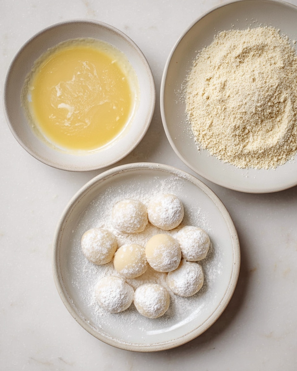 The image shows three white bowls on a white marbled surface, each holding a different stage of coating small round dough pieces. The bottom bowl contains eleven dough pieces dusted with white flour, lightly textured and matte. The top left bowl has the dough pieces dipped in a smooth, yellowish liquid batter, glossy and rich in color. The top right bowl holds dough pieces covered in a dry, crumbly layer of light beige crumbs, resting evenly across the bowl. Photo taken with an iphone --ar 4:5 --v 7