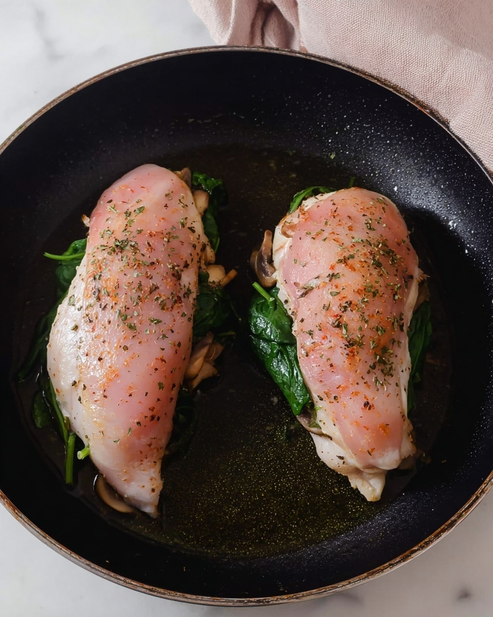 Two raw chicken fillets sit side by side in a black pan with a shiny layer of oil. Each fillet is stuffed with dark green spinach leaves and small brown mushrooms inside, visible under the thicker top layer of pale pink chicken meat sprinkled with herbs. The pan rests on a white marbled surface with a blurred light pink cloth behind it. photo taken with an iphone --ar 4:5 --v 7