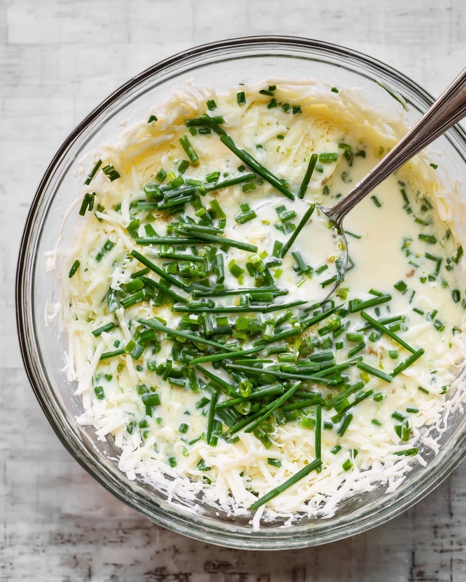 A clear glass bowl contains a mixture with three layers: at the bottom is a creamy white base, mixed thinly with shredded white cheese that clings lightly to the sides of the bowl; the middle layer is a pale yellow liquid, thick but fluid, with finely chopped green onions and fresh chives scattered generously across the surface; on the top, a silver spoon dips into the mixture, catching some of the green herbs. The bowl rests on a white marbled texture surface. Photo taken with an iphone --ar 4:5 --v 7