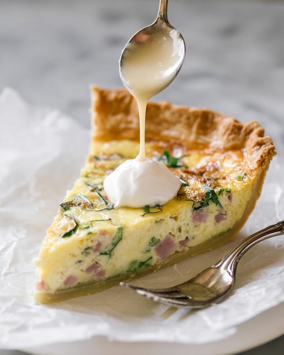 A single slice of quiche sits on white parchment paper on a white plate with a silver fork beside it. The quiche has three clear layers: a light golden brown flaky crust at the bottom and edges, a pale yellow creamy egg filling mixed with green herbs and small pink ham pieces in the middle, and a slightly browned top with more green herbs scattered. On top of the slice, a dollop of smooth white cream is being topped with a spoon pouring a thick pale beige sauce. The background shows a soft white marbled texture. photo taken with an iphone --ar 4:5 --v 7