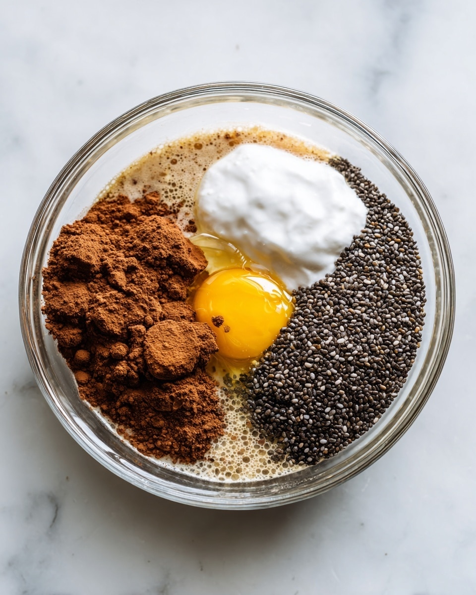 A clear glass bowl sits on a white marbled surface, filled with several separate layers of ingredients. One large section of tiny, round black chia seeds forms a textured dark patch on the right side. Next to it is a smooth dollop of white yogurt with a small pool of golden honey resting in its center. On the left side, rich brown cocoa powder is heaped in small mounds, blending slightly into a light brown liquid base beneath. The ingredients are unmixed, clearly showing distinct colors and textures in the bowl. photo taken with an iphone --ar 4:5 --v 7