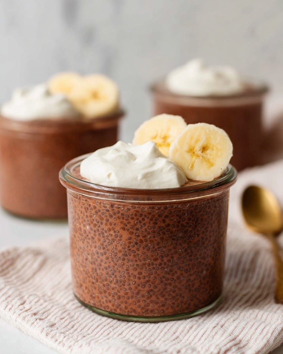 The image shows a small clear glass jar filled with three layers: a thick chocolate chia pudding with visible chia seeds making a bumpy texture, topped with a dollop of white whipped cream on one side, and three banana slices placed neatly beside the cream. In the background, there is another similar jar slightly out of focus on a white marbled surface with a white cloth underneath the front jar. The photo taken with an iphone --ar 4:5 --v 7