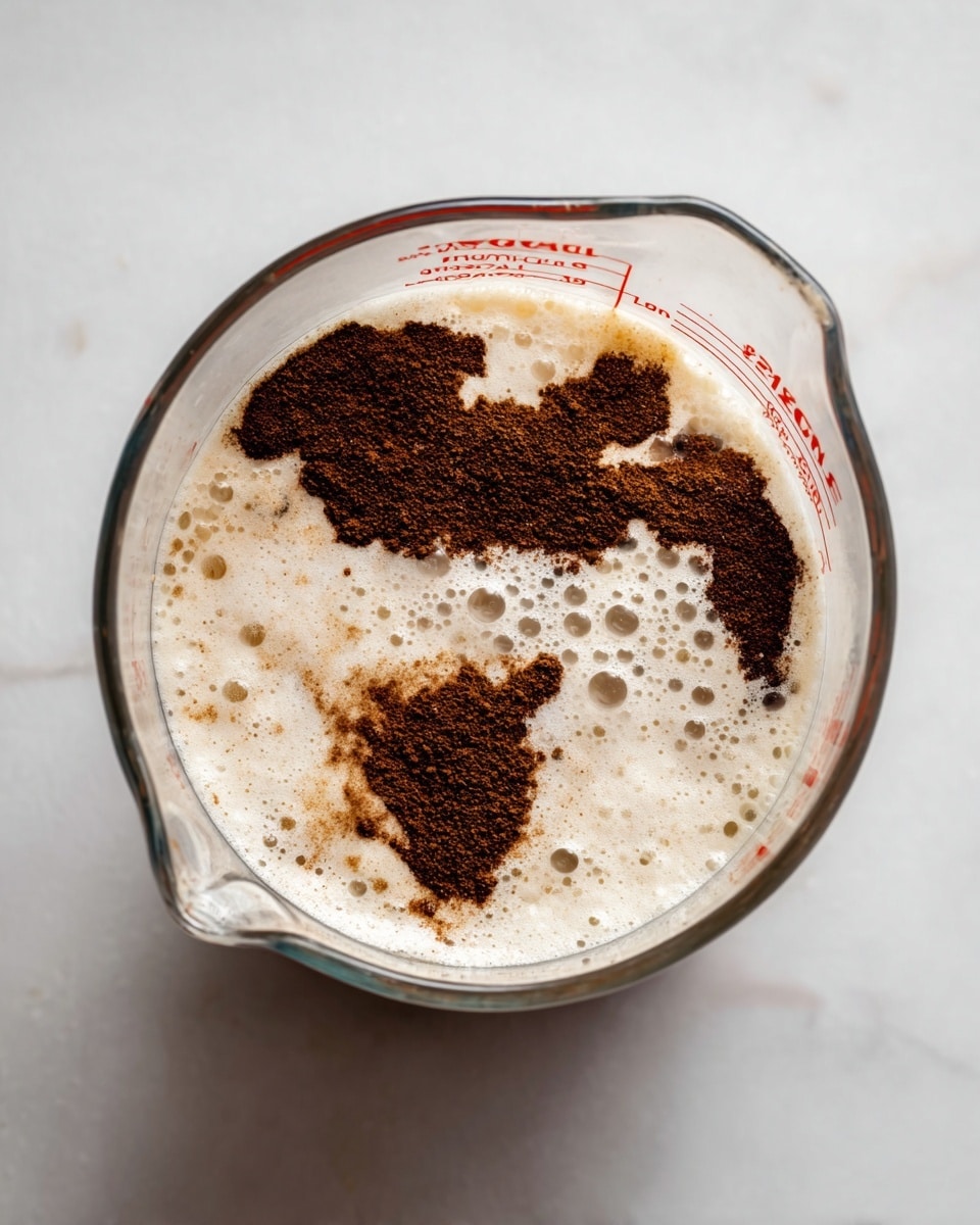A clear glass measuring cup filled almost to the top with a creamy white liquid that has a foamy texture on the surface. On top of this liquid, there are patches of dark brown powder, unevenly spread across the surface in three major areas. The liquid base shows small bubbles and a smooth, slightly thick texture below the powder dusting. The measuring cup is set on a white marbled surface with soft lighting. photo taken with an iphone --ar 4:5 --v 7