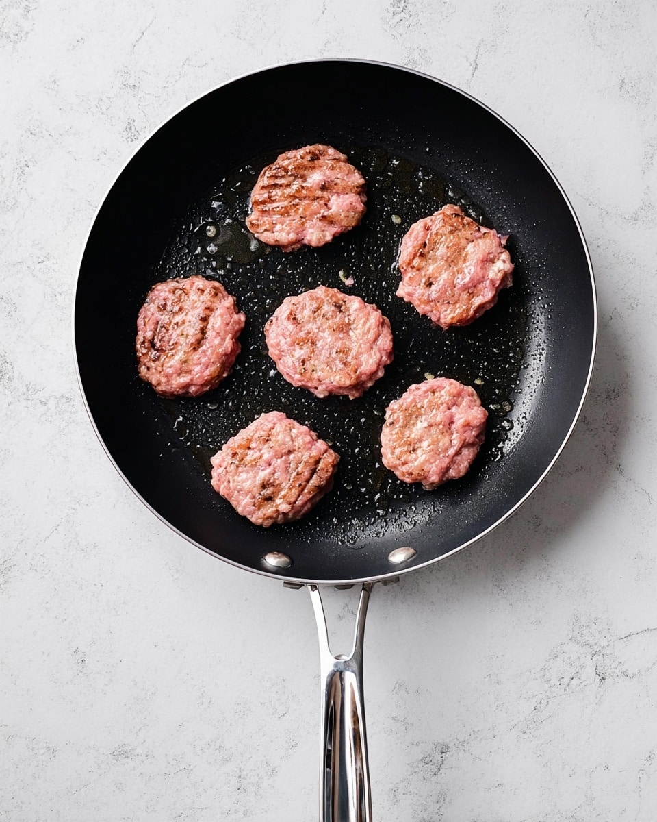 A black frying pan with a silver handle is shown from above, cooking six small, raw, pink meat patties that are uneven in shape and have rough, slightly textured surfaces. The patties are spaced evenly across the pan, resting on shiny drops of cooking oil. The background is a white marbled texture. photo taken with an iphone --ar 4:5 --v 7