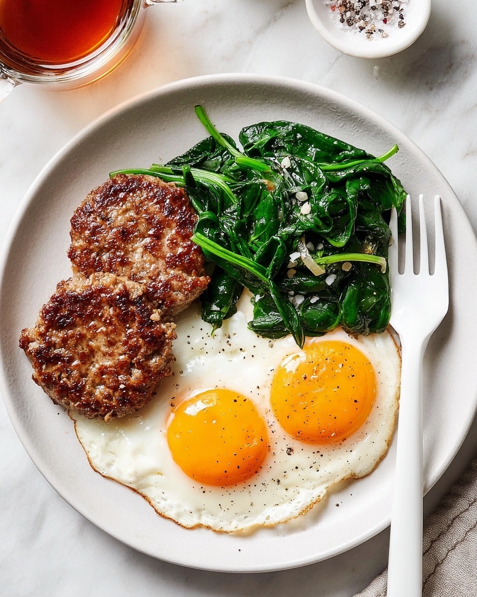 A white plate holds a breakfast with three main layers: two round, browned sausage patties with a rough, crispy texture sitting on the bottom left; fresh cooked spinach leaves, dark green and glossy with small bits of garlic, placed above the patties; and two sunny side up eggs on the right, with bright orange yolks and smooth white edges, sprinkled lightly with black pepper. A white plastic fork rests on the left side of the plate. The plate sits on a white marbled surface with a small bowl of salt and pepper nearby and part of a glass cup of tea at the top left corner. Photo taken with an iphone --ar 4:5 --v 7