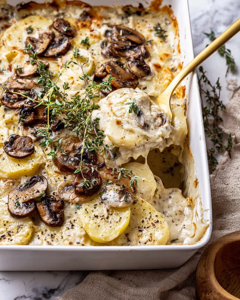 This image shows a white rectangular baking dish filled with a two-layer creamy potato and mushroom casserole. The bottom layer is thinly sliced light yellow potatoes covered in a smooth, slightly golden cream sauce speckled with black pepper and herbs. On top of the potatoes, there is a mix of browned mushroom slices with a rich brown color and wrinkled texture, scattered evenly across along with fresh green thyme sprigs adding a touch of color. A golden spoon is lifting a portion of the creamy potato layers on the left side, showing the soft, tender texture beneath the sauce. The dish sits on a white marbled surface with a beige cloth and a small wooden bowl near the bottom right corner. photo taken with an iphone --ar 4:5 --v 7
