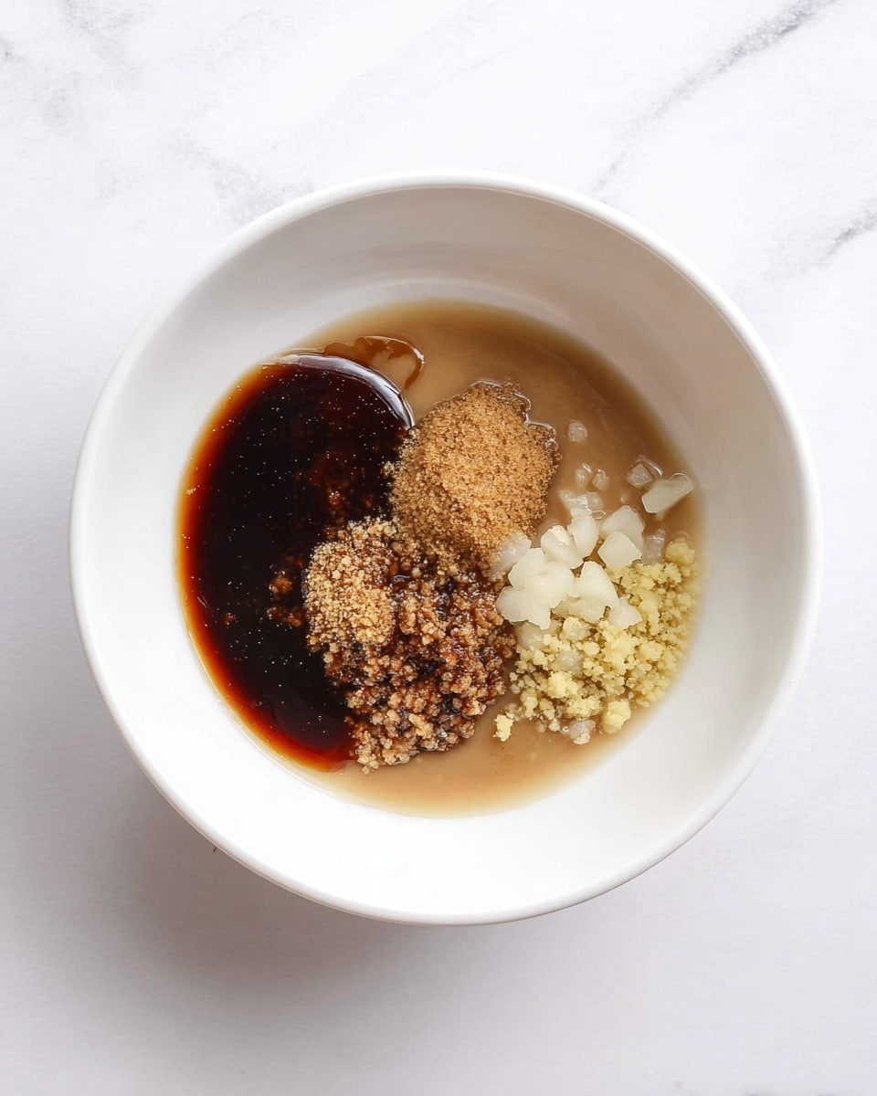 A white bowl sits on a white marbled surface, filled with five separate layers of ingredients. At the bottom, there is a light brown liquid spread in a circular shape. On top of this and slightly to the left, a dark brown sauce pools with thick texture. Near the center, a small mound of light brown sugar rests with a crumbly texture. To the upper right, finely chopped pale white pieces are grouped together, while to their left near the edge of the dark sauce are minced light yellow bits. The layers are clearly distinct but close to mixing. Photo taken with an iphone --ar 4:5 --v 7