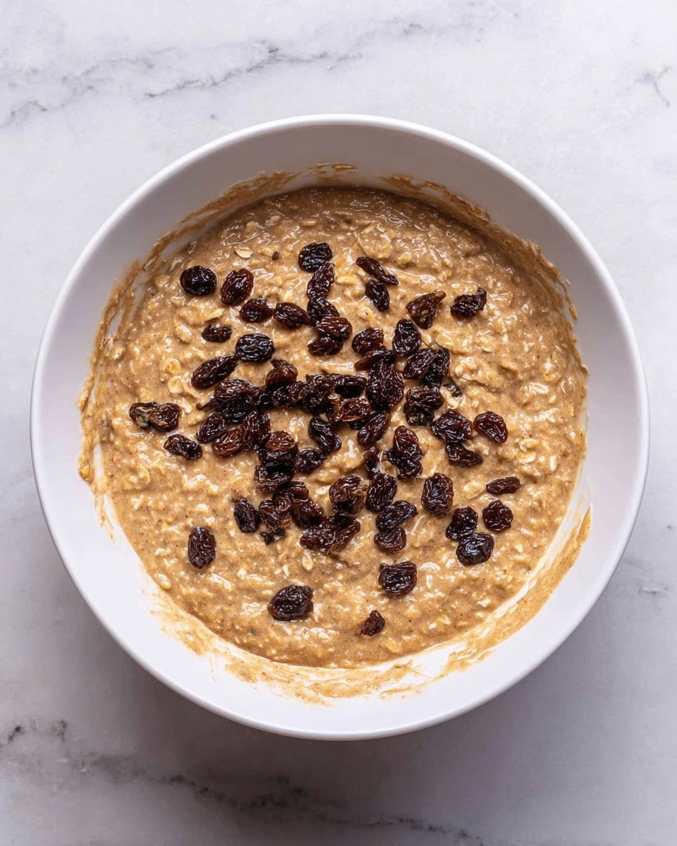 A white bowl sits on a white marbled surface filled with a thick, light brown batter that has visible bits of oats mixed in, creating a slightly rough texture. On top of the batter is a scattered layer of small, dark raisins, adding contrast to the smooth and chunky mixture below. The bowl has batter remnants smeared slightly on the inside edges, showing recent stirring or mixing. Photo taken with an iphone --ar 4:5 --v 7