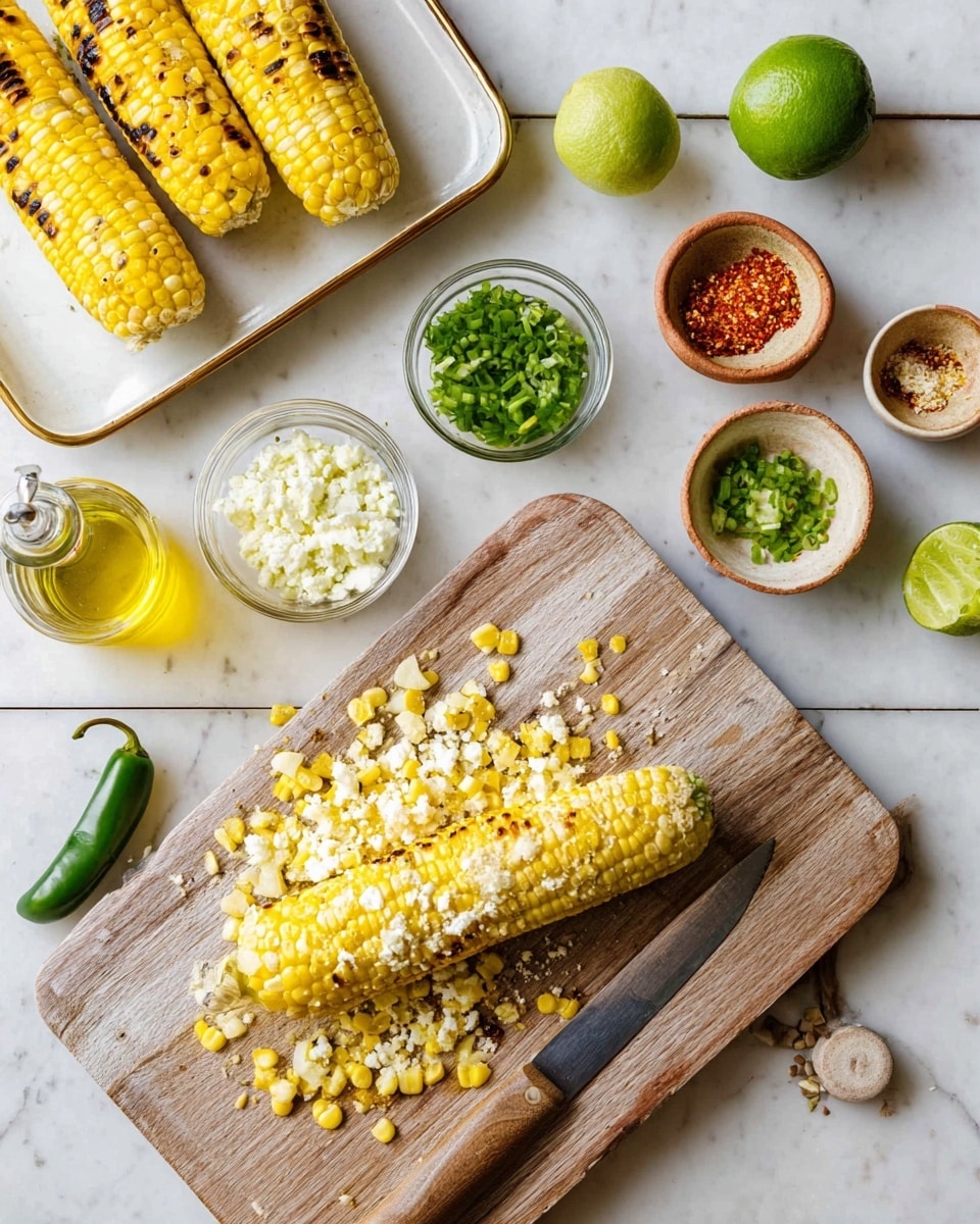 The image shows a wooden cutting board with yellow and white corn kernels spread over it and one grilled whole corn cob lying on the left side of the board. Next to the board on the left is a white tray holding three grilled corn cobs. Around the board and tray are small bowls and jars: a glass bowl with green lime zest, a clay bowl with white crumbled cheese, a bowl with chopped green onions, a jar with yellow oil, and a small white bowl with red seasoning. A whole green lime and a whole green jalapeno pepper sit on a white marbled surface. A large knife with a wooden handle rests on the bottom right corner of the cutting board. Photo taken with an iphone --ar 4:5 --v 7