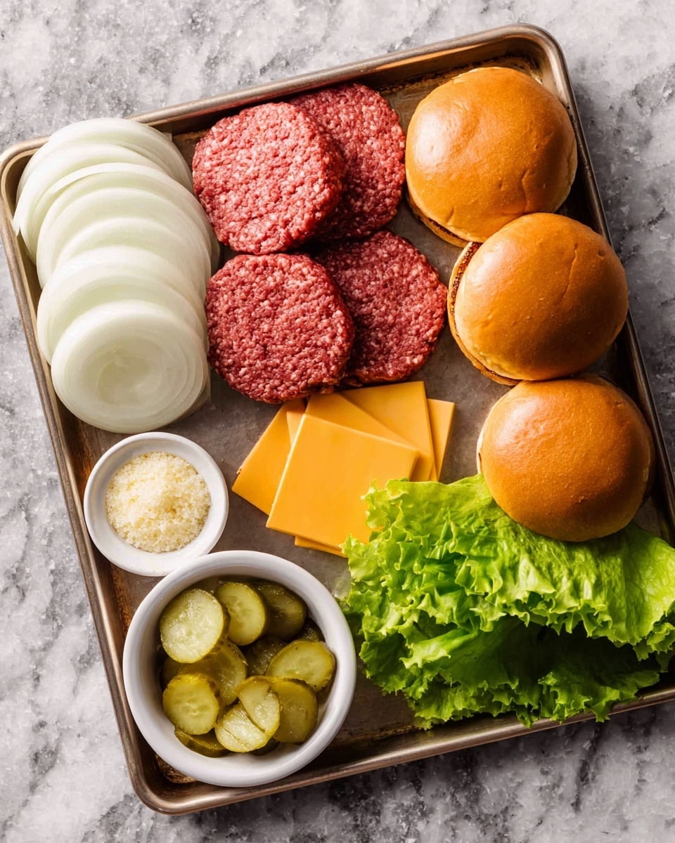 A metal tray holds four raw round beef patties with a rough texture in the top left corner. Below them, there is a neat stack of thin white onion slices on the left side. A small white bowl with three types of sauce white, yellow, and grainy mustard is placed near the onions. Next to the sauces, there are several glossy orange cheese slices stacked in a small pile. Below the cheese, a white bowl is filled with sliced pickles, appearing moist and shiny. On the right side of the tray, four golden brown buns with soft texture are stacked, and beneath them and to the right are fresh green leafy lettuce heads. The tray sits on a white marbled surface. Photo taken with an iphone --ar 4:5 --v 7