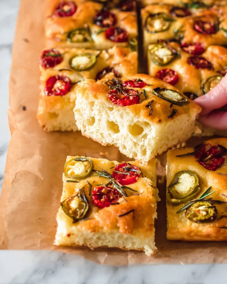 The image shows a focaccia bread cut into square slices on a light brown parchment paper. Each piece of focaccia has a thick, golden-brown crust and a fluffy, light yellow interior with small air bubbles. On the top layer, there are small red cherry tomatoes, green jalapeño slices, and scattered sprigs of rosemary, giving a pop of red and green colors. In the middle, a woman's hand is lifting one square slice, showing the soft texture inside. The background below the parchment paper is a white marbled surface. photo taken with an iphone --ar 4:5 --v 7