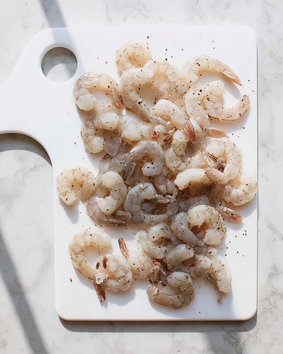 A white cutting board with a rounded handle on the left side holds one layer of raw shrimp scattered unevenly across the board. The shrimp are pale with slight shades of pink and gray, speckled with small black pepper flakes. The white cutting board is placed on a white marbled surface, showing subtle gray veins and a smooth texture. The lighting is bright and natural, making the shrimp appear fresh and slightly translucent. photo taken with an iphone --ar 4:5 --v 7