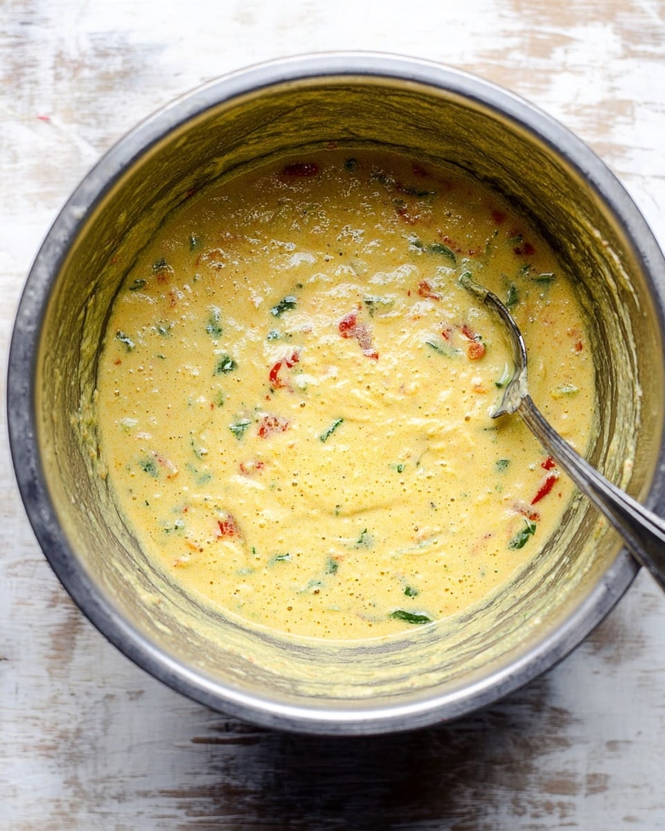 The image shows a close-up of a metal bowl filled with a thick, creamy yellow batter mixed with small bits of green and red ingredients, likely herbs and peppers. The batter looks smooth with a slightly bubbly texture on top. A metal spoon rests inside the bowl on the right side, partially immersed in the mixture. The bowl sits on a white marbled surface, with some splatters of batter around the edges inside the bowl. The overall look is fresh and homemade with soft colors and textures. photo taken with an iphone --ar 4:5 --v 7