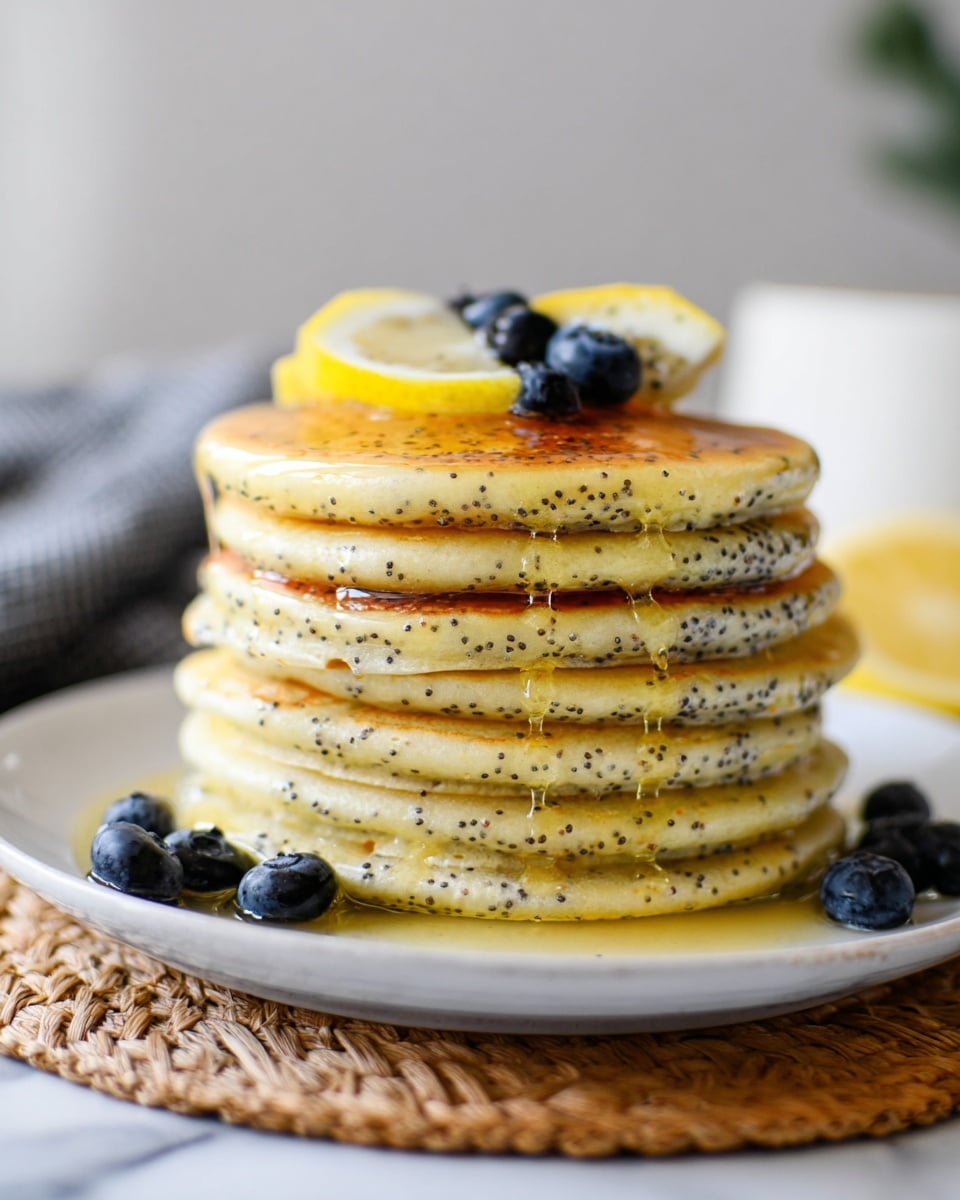 There is a stack of six light golden pancakes with tiny black poppy seeds evenly spread throughout each pancake layer. The pancakes have a smooth, slightly fluffy texture and are stacked neatly on a white plate. A glossy, light syrup is drizzled over the top and sides, creating a shiny effect. On the top pancake, there is a thin lemon slice curled upwards with several fresh, dark blue blueberries scattered around the lemon and plate. The plate is placed on a round woven mat over a white marbled surface, with a blurred neutral background. photo taken with an iphone --ar 4:5 --v 7
