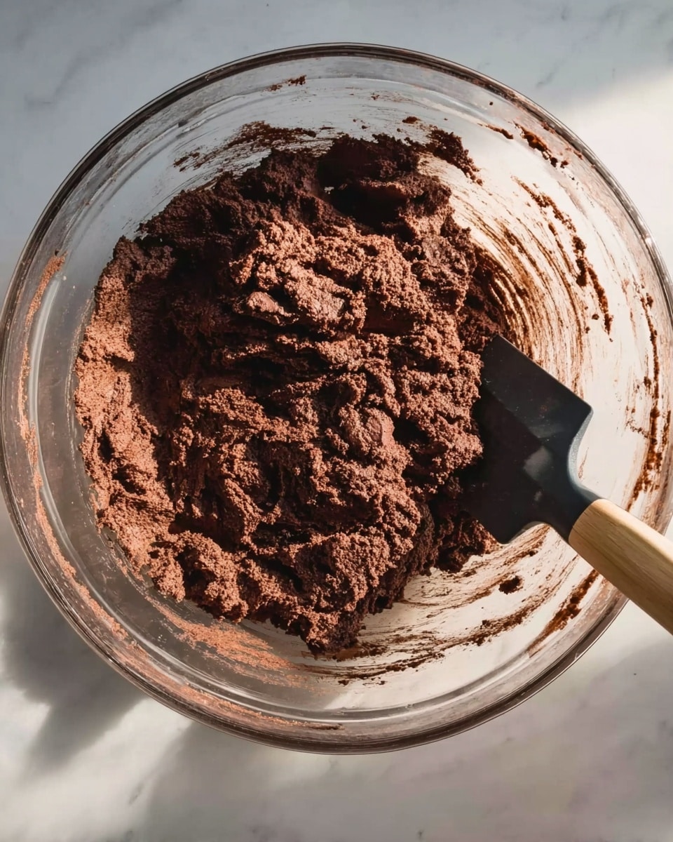 A clear glass bowl contains dark brown chocolate dough with a rough texture, showing uneven mixing marks around the edges of the bowl. A black spatula with a pale wooden handle is partially visible inside the bowl at the bottom right corner. The bowl sits on a white marbled surface with bright natural light casting soft shadows. Photo taken with an iphone --ar 4:5 --v 7