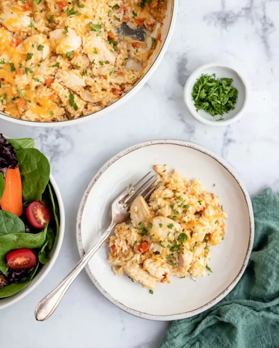A white plate on a white marbled surface holds a serving of cheesy rice with small pieces of chicken and bits of vegetables mixed in, topped lightly with chopped green herbs. A silver fork rests on the plate's edge. Nearby, a large white round pan filled with the same cheesy rice dish shows visible layers of melted cheese and golden rice, with slices of chicken partially covered by the rice. On the left side, a white bowl contains a fresh salad with green spinach leaves, sliced carrots, cherry tomatoes, and darker leafy greens. A small white bowl to the right holds finely chopped green herbs. A green cloth napkin is partially visible at the corner. Photo taken with an iphone --ar 4:5 --v 7