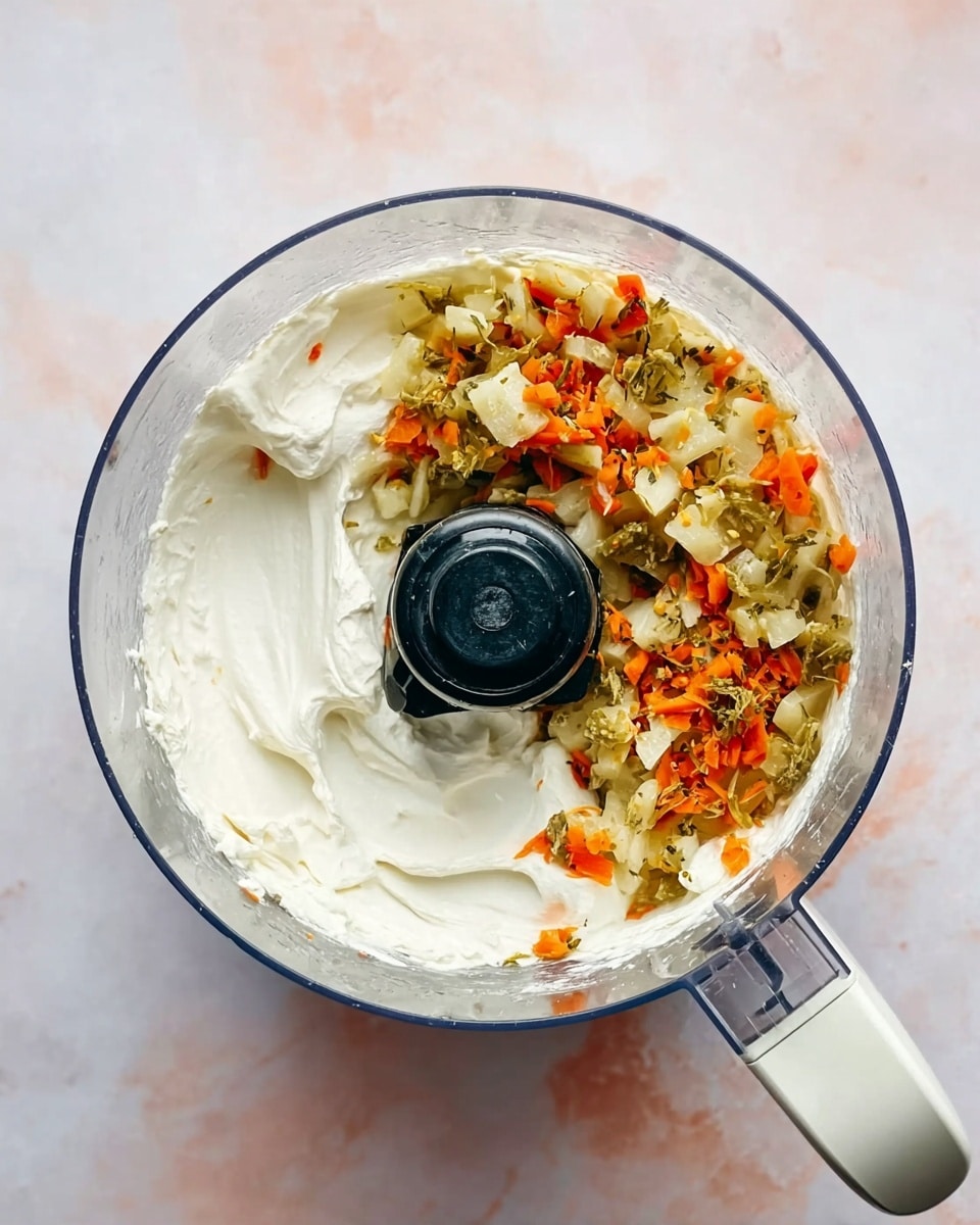 The image shows the inside of a clear food processor bowl on a white marbled surface. Inside, there are two main layers: one side is filled with thick white cream spread evenly, and the other side has chopped pickles mixed with small pieces of bright orange carrot, all sitting loosely on top of the cream. The black center blade hub of the food processor is visible in the middle, dividing the two layers. The handle of the food processor is white and positioned on the right side of the image. Photo taken with an iphone --ar 4:5 --v 7