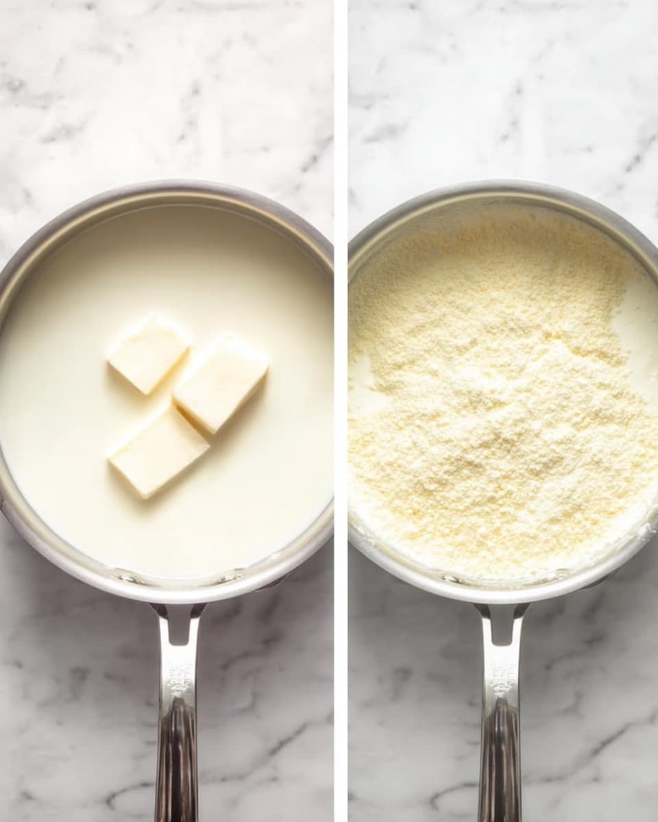 Two images each show a close-up of a metal pan on a white marbled surface. In the first image, the pan contains a thick white liquid with two blocks of white butter floating on top. In the second image, the same pan holds the white liquid but now it is topped with a light yellow powder, evenly spread across the surface. The metal handle shines brightly with reflected light. photo taken with an iphone --ar 4:5 --v 7
