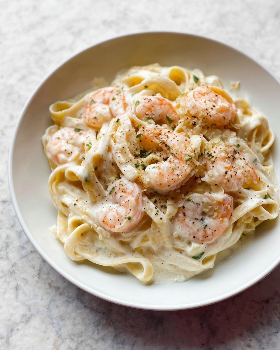 A white bowl filled with creamy fettuccine noodles layered at the bottom, topped with pale pink cooked shrimp scattered evenly on top. The sauce is white and thick, coating the noodles and shrimp, with tiny green herb bits sprinkled over the dish. There is a light dusting of black pepper adding texture over everything. The bowl sits on a white marbled surface with soft, natural lighting. photo taken with an iphone --ar 4:5 --v 7