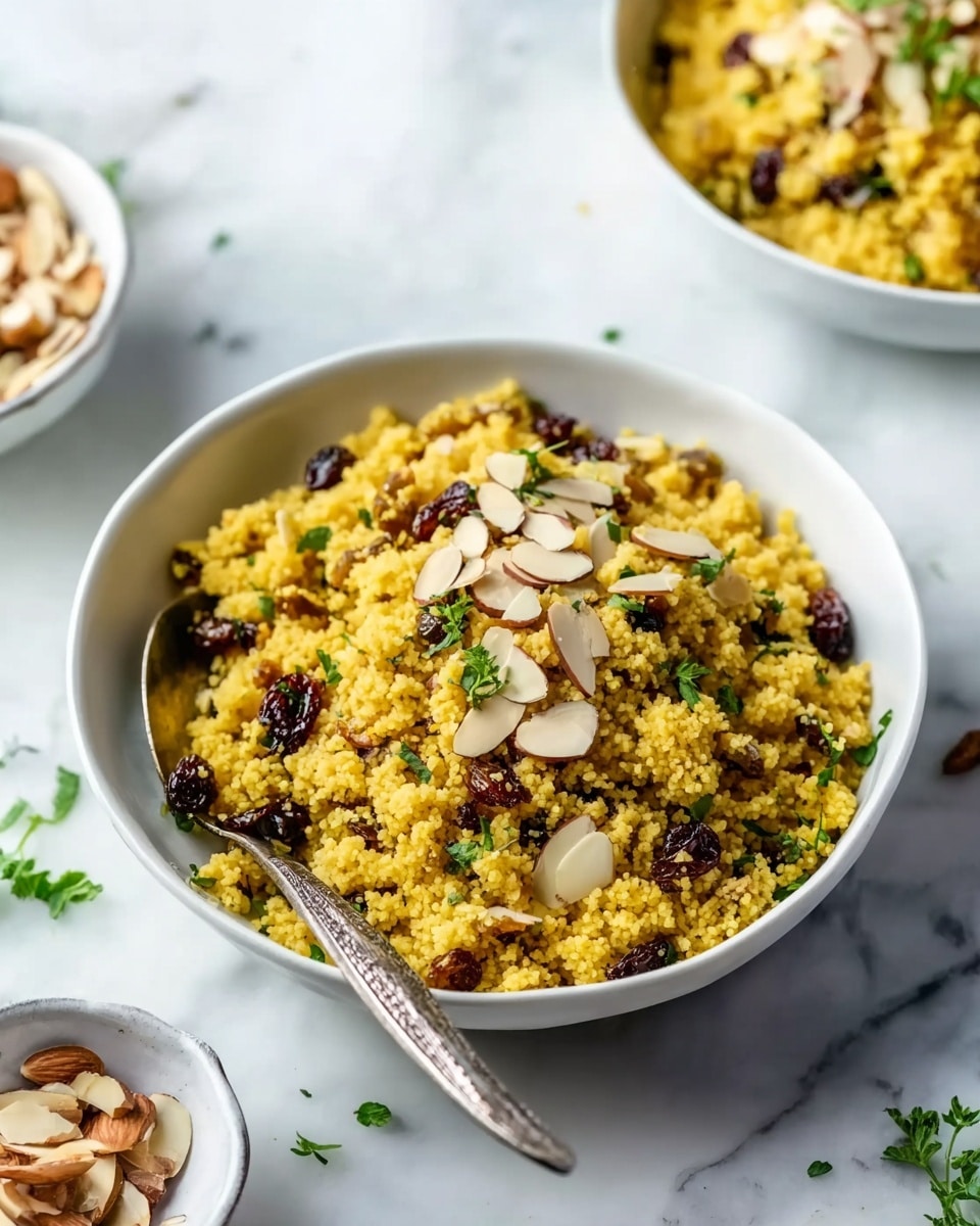 A white bowl filled with yellow couscous mixed with small dark raisins and green herbs, topped with thin, light brown almond slices scattered over the top. A silver spoon rests inside the bowl on the left side. In the background, there are two more bowls, one with the same couscous and another small white bowl filled with more almond slices. The bowls sit on a white marbled surface with a few small green herb pieces scattered around. The scene is bright and clean, showing a close-up view. photo taken with an iphone --ar 4:5 --v 7