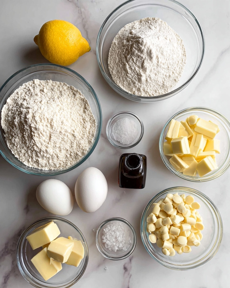 The image shows several clear glass bowls and three white eggs arranged on a white marbled surface. There are seven different ingredient elements: one bowl with white flour, one with white granulated sugar, one with pale yellow cubed butter, one with pale yellow chocolate pieces, one with small white chocolate chips, one with coarse white salt, and one small dark bottle of vanilla extract. A bright yellow lemon lies near the center-left of the composition. The arrangement is neat and well-lit, presenting a clean and fresh baking scene. Photo taken with an iphone --ar 4:5 --v 7