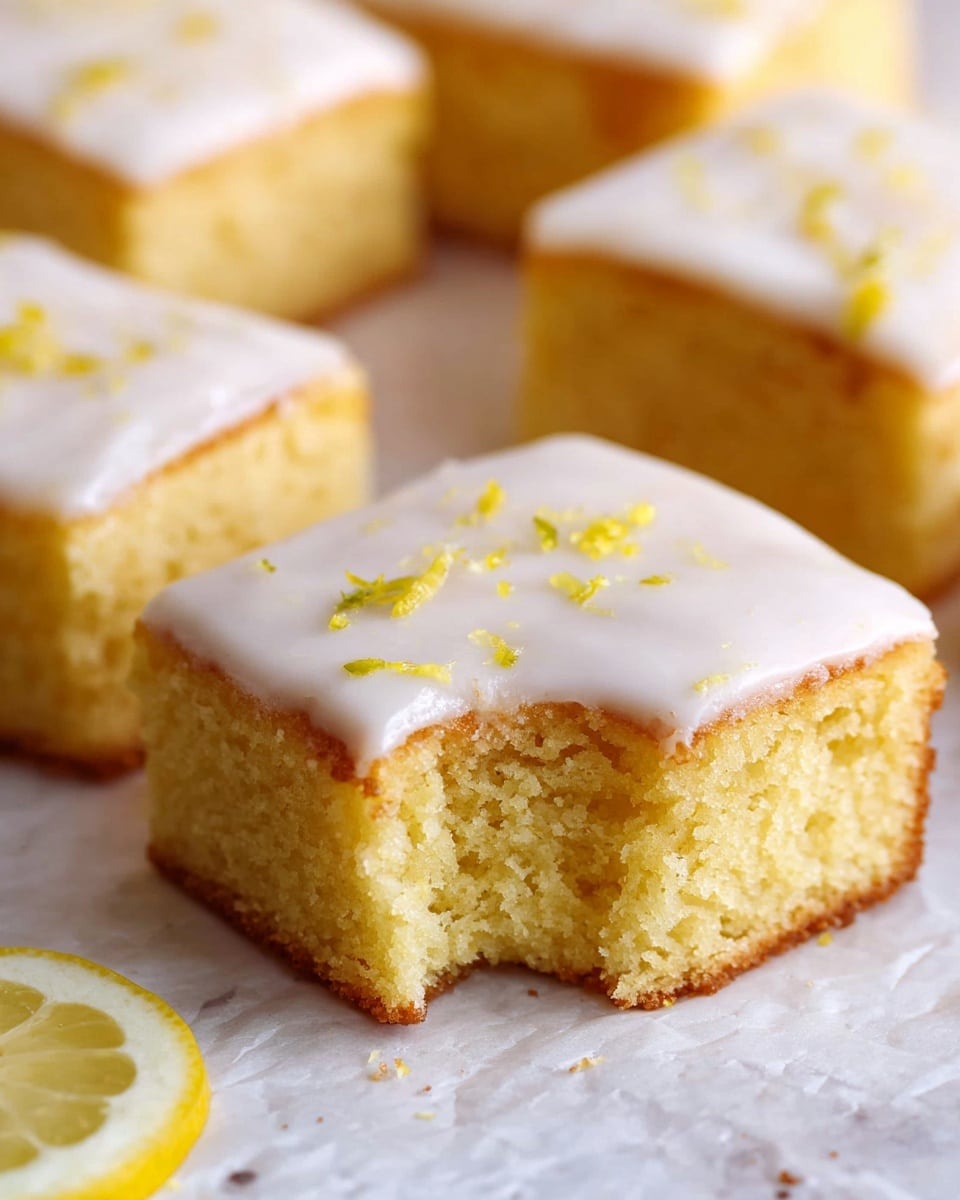 A close-up view of several square lemon cake pieces on a white marbled surface with parchment paper. Each piece has two layers: a thick, soft, moist yellow cake base and a smooth, white icing layer on top, sprinkled with small bits of yellow lemon zest. The front piece has a small bite taken out of one side, showing the soft texture inside. In the slightly blurred background, more of the same cake pieces are visible, arranged casually. Photo taken with an iphone --ar 4:5 --v 7