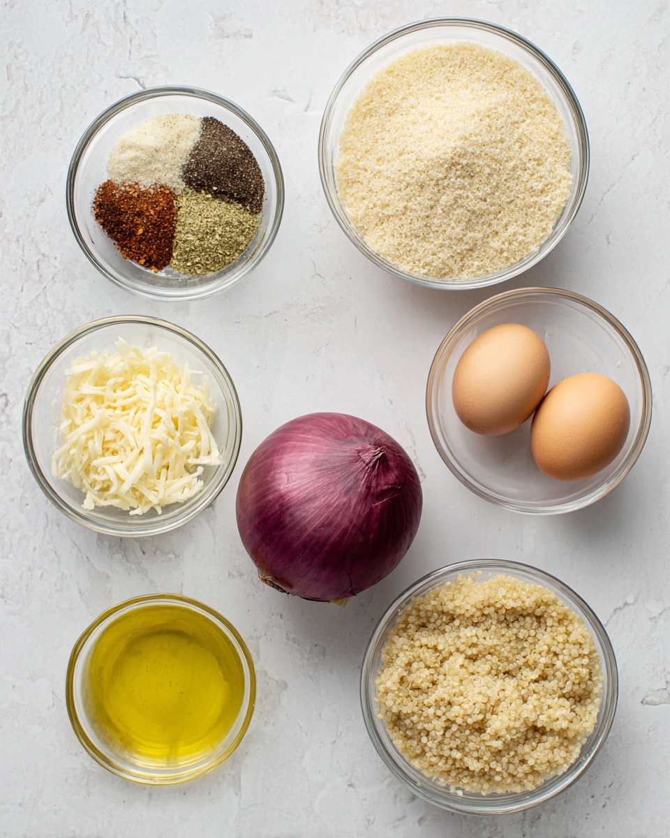 This image shows a white marbled surface with seven clear glass bowls and one whole red onion. Starting from the top left, there is a small bowl with mixed spices in brown, black, and green tones. To its right is a medium bowl filled with light beige breadcrumbs. Next to it on the right is another small bowl holding two brown eggs. Below the eggs is a large, whole red onion with a deep purple-red color. In the center bottom, a medium bowl holds cooked quinoa with a light tan color and fluffy texture. To the left of the quinoa is a small bowl with shredded pale yellow cheese. Lastly, a small bowl filled with yellow cooking oil is located near the bottom left corner. Everything is arranged neatly on the white marbled surface with clear separation between each item. Photo taken with an iphone --ar 4:5 --v 7