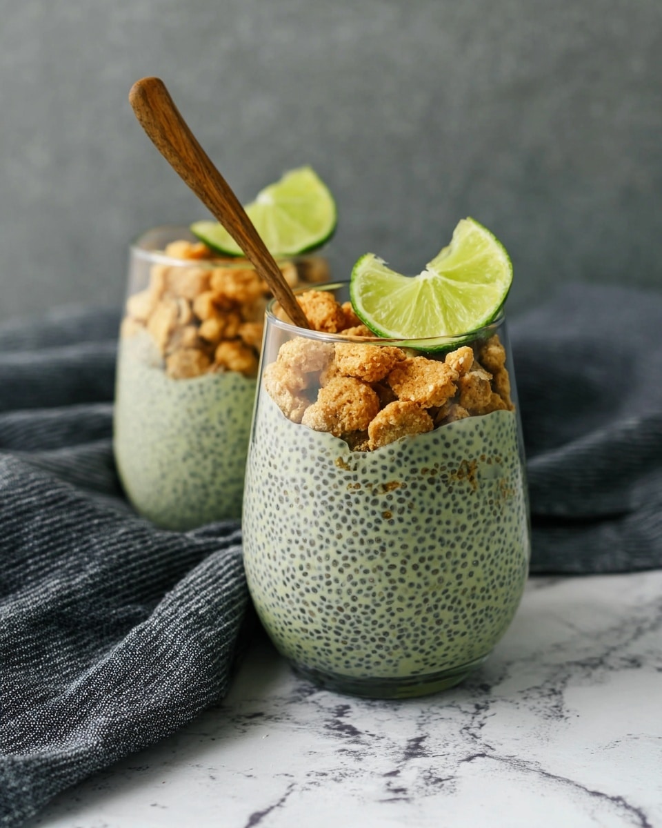 Two clear glasses filled with three layers of greenish chia pudding with visible black chia seeds, separated by crunchy light brown cereal pieces in the middle. Each glass is topped with more cereal pieces and a bright green lime slice. A wooden spoon stands inside the front glass. The glasses are placed on a white marbled textured surface, with a dark gray striped cloth in the background. Photo taken with an iphone --ar 4:5 --v 7