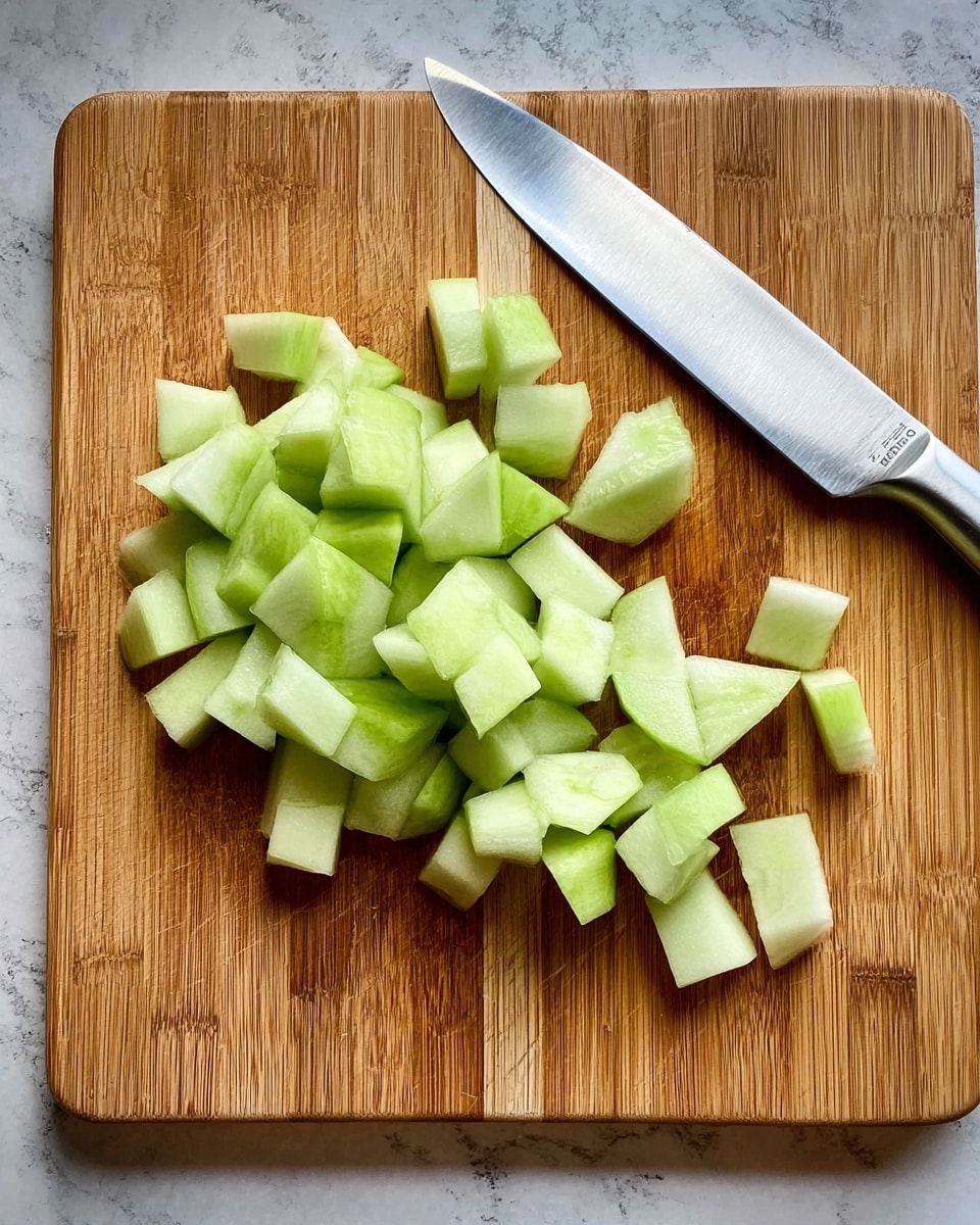 A wooden cutting board with a shiny silver knife resting on the top edge. On the board, there are many pieces of light green fruit with pale flesh, diced into small cubes and chunks arranged loosely in the center. The surface underneath is a white marbled texture. Photo taken with an iphone --ar 4:5 --v 7